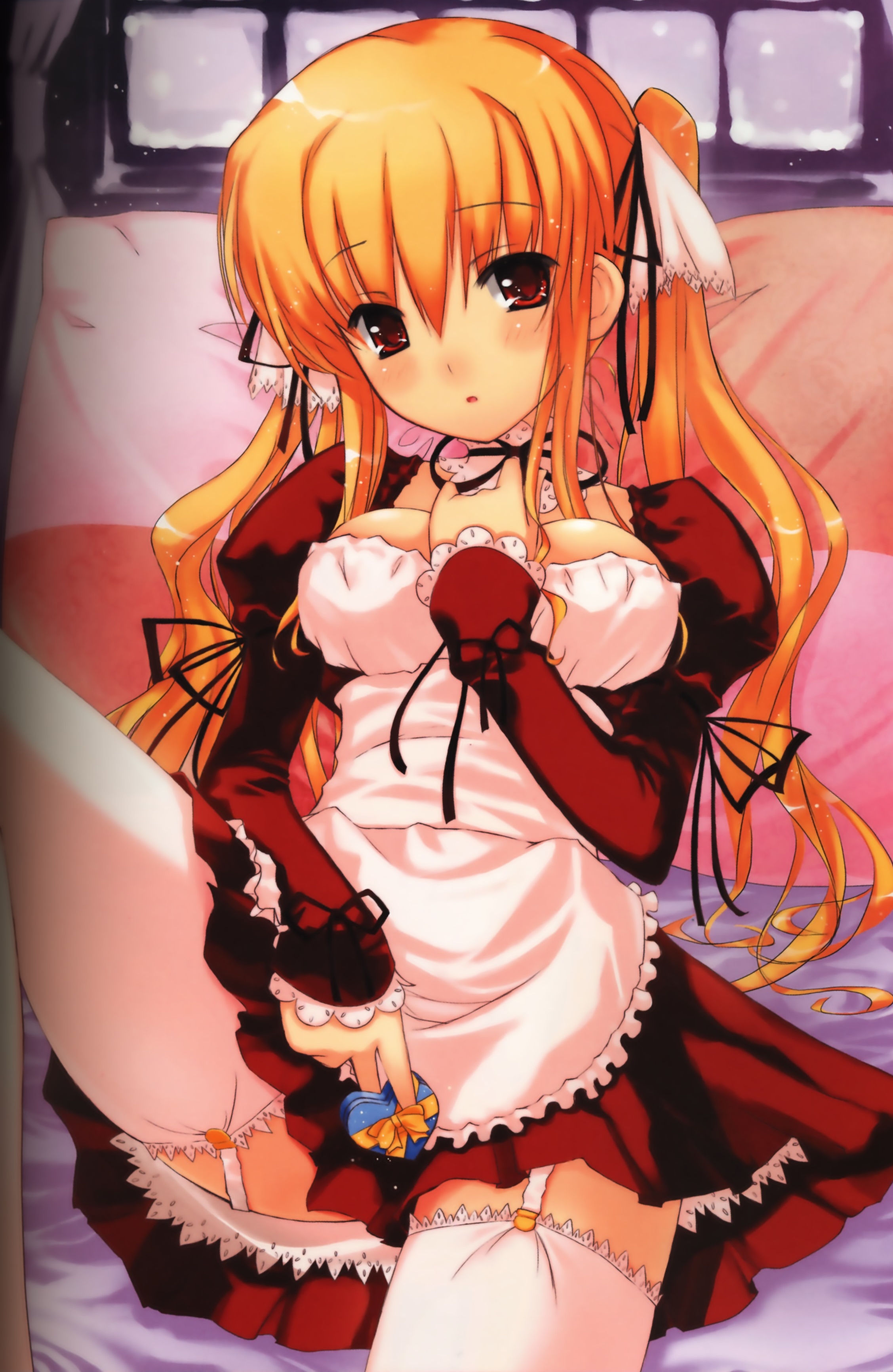 absurdres, highres, hair ribbon, maid, orange hair, red eyes, ribbon, solo, thighhighs, twintails