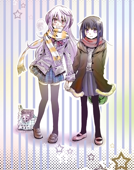 hirako, furude rika, hanyuu, higurashi no naku koro ni, 00s, 2girls, bag, black pantyhose, black thighhighs, blue hair, blush, coat, female focus, horns, long hair, multiple girls, pantyhose, purple eyes, purple hair, scarf, skirt, star (symbol), striped clothes, striped scarf, thighhighs, toy