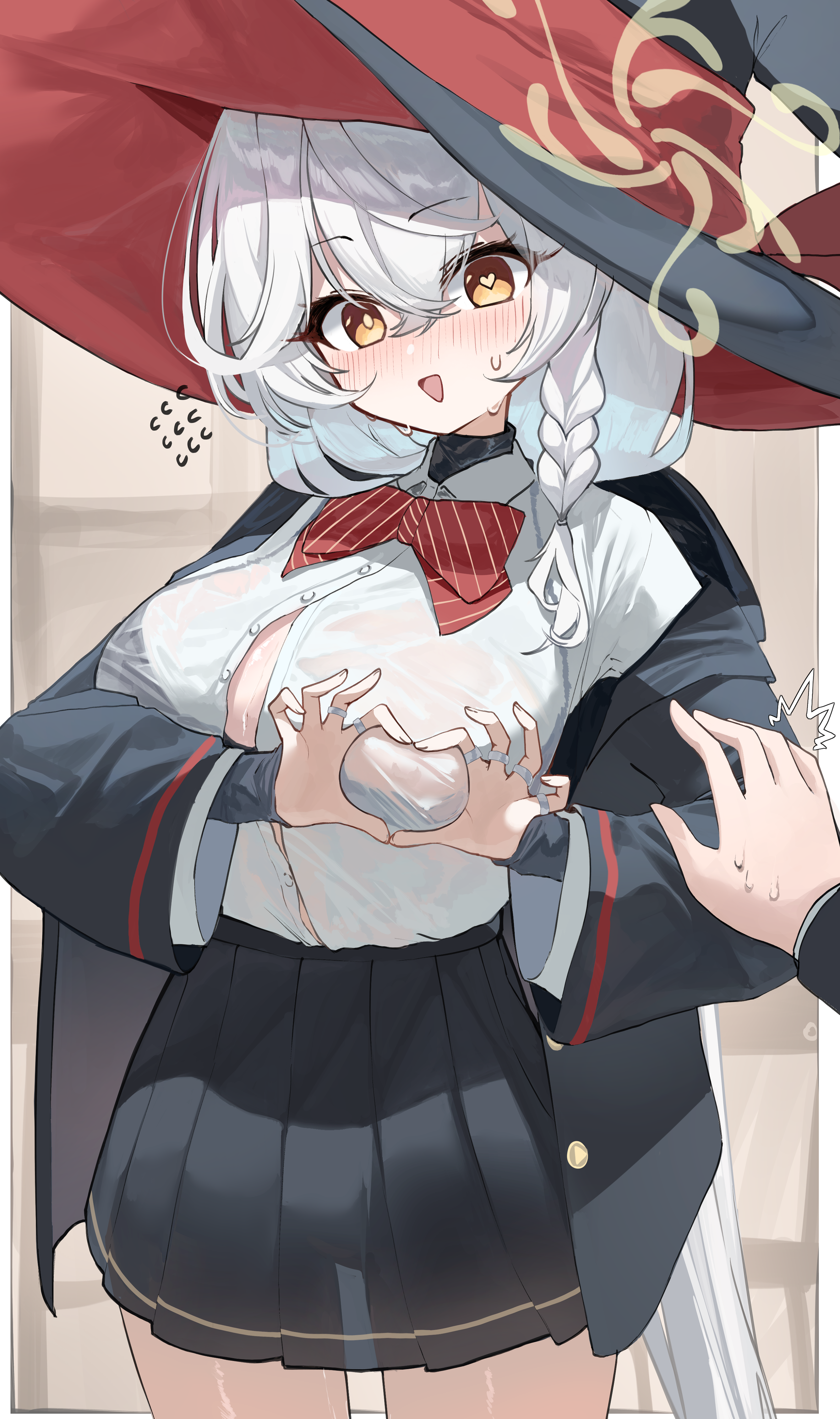 kabedoru, eri (blue archive), blue archive, absurdres, commentary request, highres, 1girl, 1other, black bra, black coat, black skirt, blush, bow, bowtie, bra, bra visible through clothes, braid, breasts, coat, cowboy shot, diagonal-striped bow, diagonal-striped bowtie, diagonal-striped clothes, halo, hat, heart, heart-shaped pupils, heart hands, jewelry, large breasts, long hair, long sleeves, looking at viewer, monochrome, nose blush, open clothes, open coat, open mouth, orange eyes, out of frame, partially unbuttoned, pleated skirt, red bow, red bowtie, ring, see-through clothes, see-through shirt, shirt, shirt tucked in, side braid, skirt, solo focus, standing, striped bow, striped bowtie, striped clothes, sweat, symbol-shaped pupils, triangle mouth, underwear, very long hair, wet, wet clothes, wet shirt, white hair, white shirt, witch hat, yellow halo