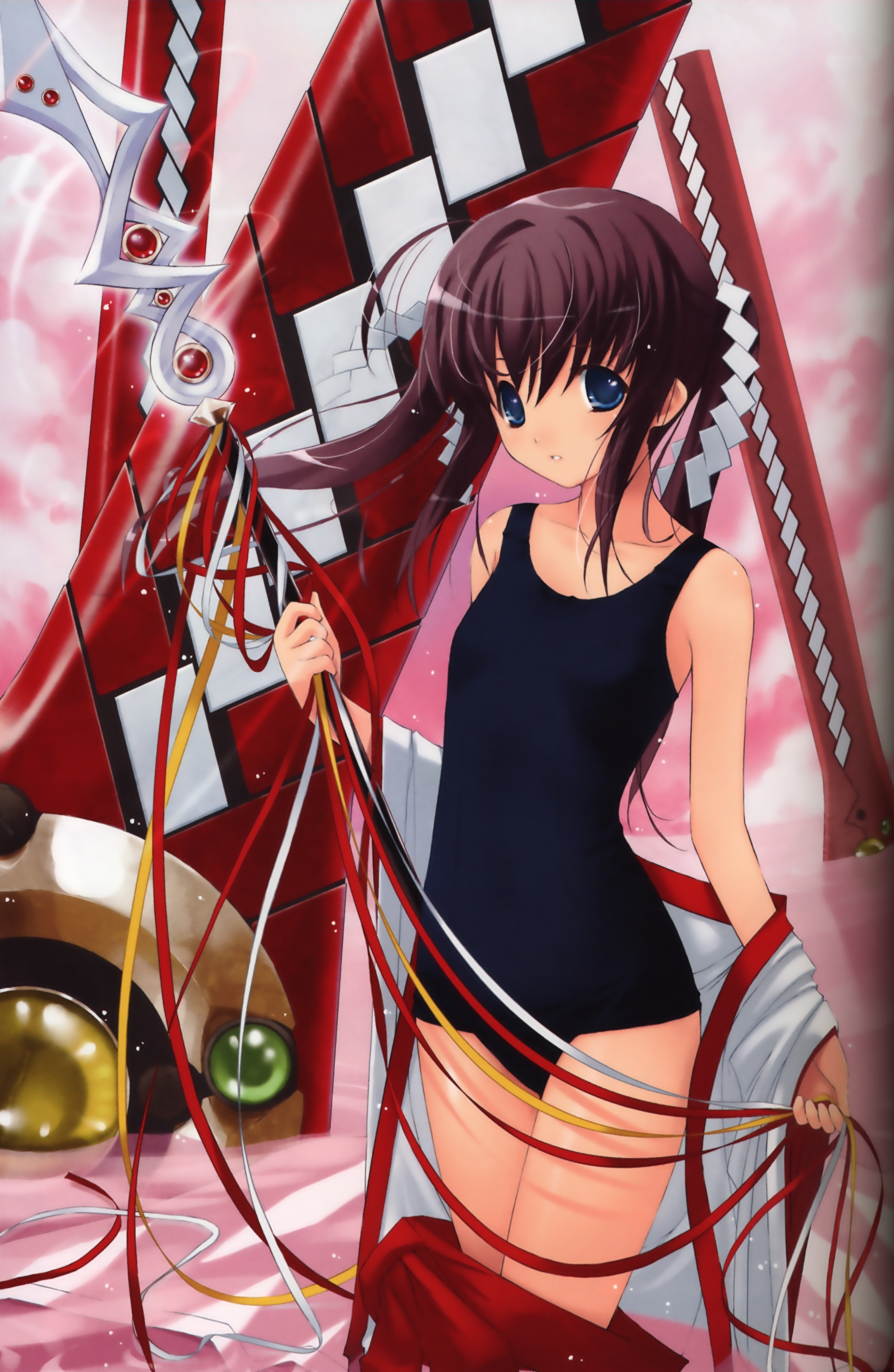 chun (friendly sky), absurdres, highres, blue eyes, brown hair, japanese clothes, long hair, miko, one-piece swimsuit, solo, staff, swimsuit, twintails, water