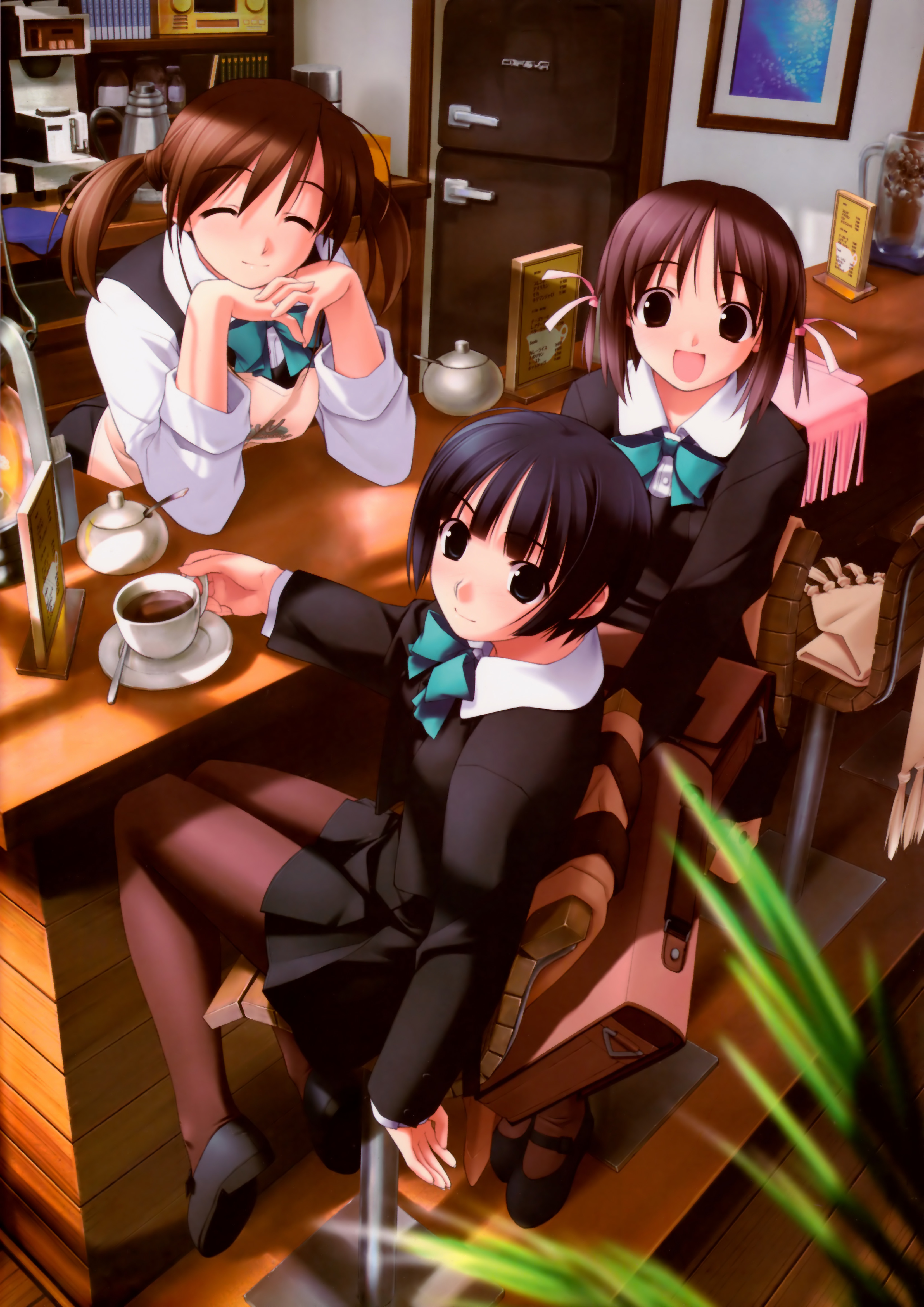 hashimoto takashi, asaba nonoka, ichinose mio, kasuga yoshino, white breath, absurdres, highres, 3girls, black hair, brown eyes, brown hair, grey eyes, hair ribbon, multiple girls, pantyhose, ribbon, school uniform, serafuku