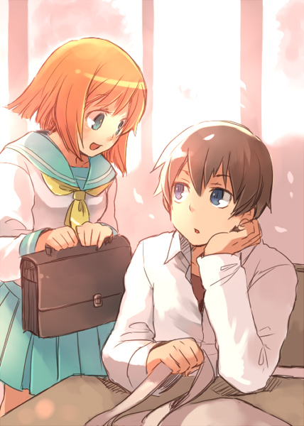 hanokage, maebara keiichi, ryuuguu rena, higurashi no naku koro ni, 00s, 1boy, 1girl, bag, blue eyes, brown hair, couple, hetero, orange hair, school bag, school uniform, serafuku, short hair