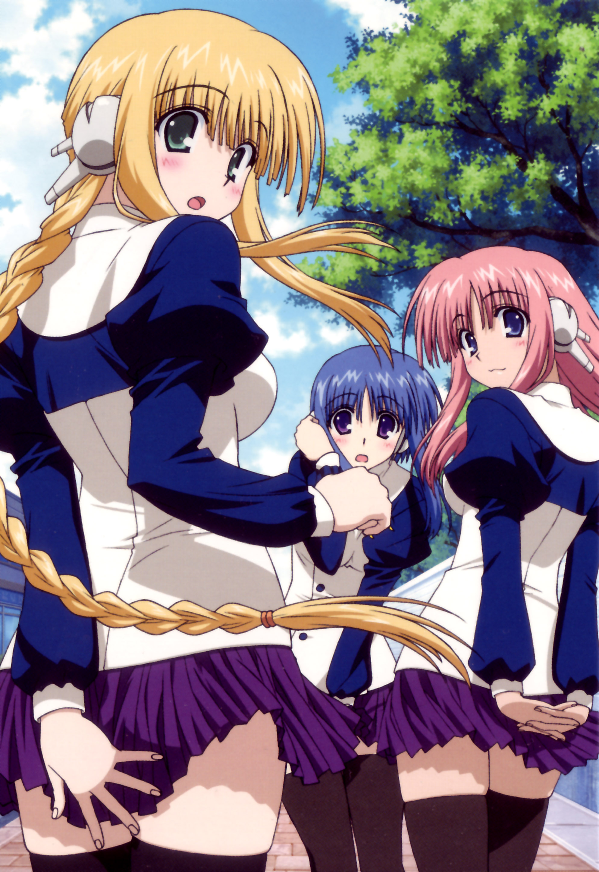 ilfa (to heart), milfa (to heart), silfa (to heart), to heart (series), to heart 2, absurdres, highres, non-web source, 00s, 3girls, blonde hair, blue hair, blush, braid, green eyes, long hair, multiple girls, pink hair, purple eyes, robot ears, school uniform, serafuku, single braid, thighhighs, very long hair