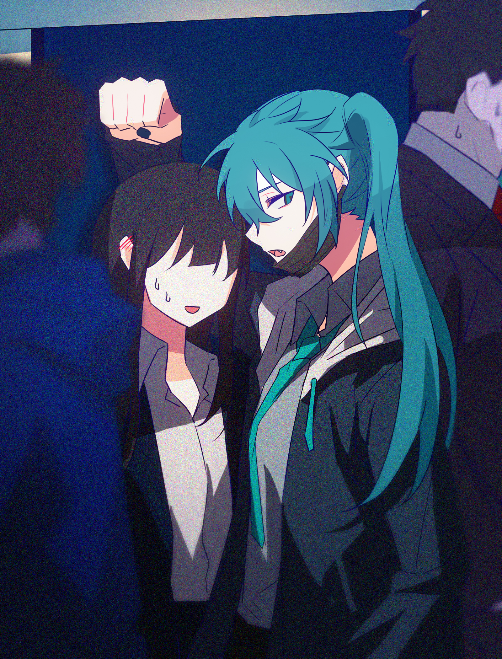 ximuye, hatsune miku, vocaloid, chinese commentary, commentary request, highres, partial commentary, 2boys, 2girls, :d, aqua eyes, aqua hair, aqua necktie, arm up, black hair, black jacket, black mask, black nails, blue hoodie, blurry, blurry foreground, collared shirt, drawstring, fang, film grain, grey shirt, hood, hood down, hooded jacket, hoodie, jacket, long hair, long sleeves, looking at viewer, mask, mask pull, mouth mask, multiple boys, multiple girls, nail polish, necktie, no eyes, open clothes, open jacket, open mouth, profile, puffy long sleeves, puffy sleeves, shirt, short hair, sideways glance, smile, straight hair, sweat, tongue, twintails, upper body, very short hair, white hood, white shirt