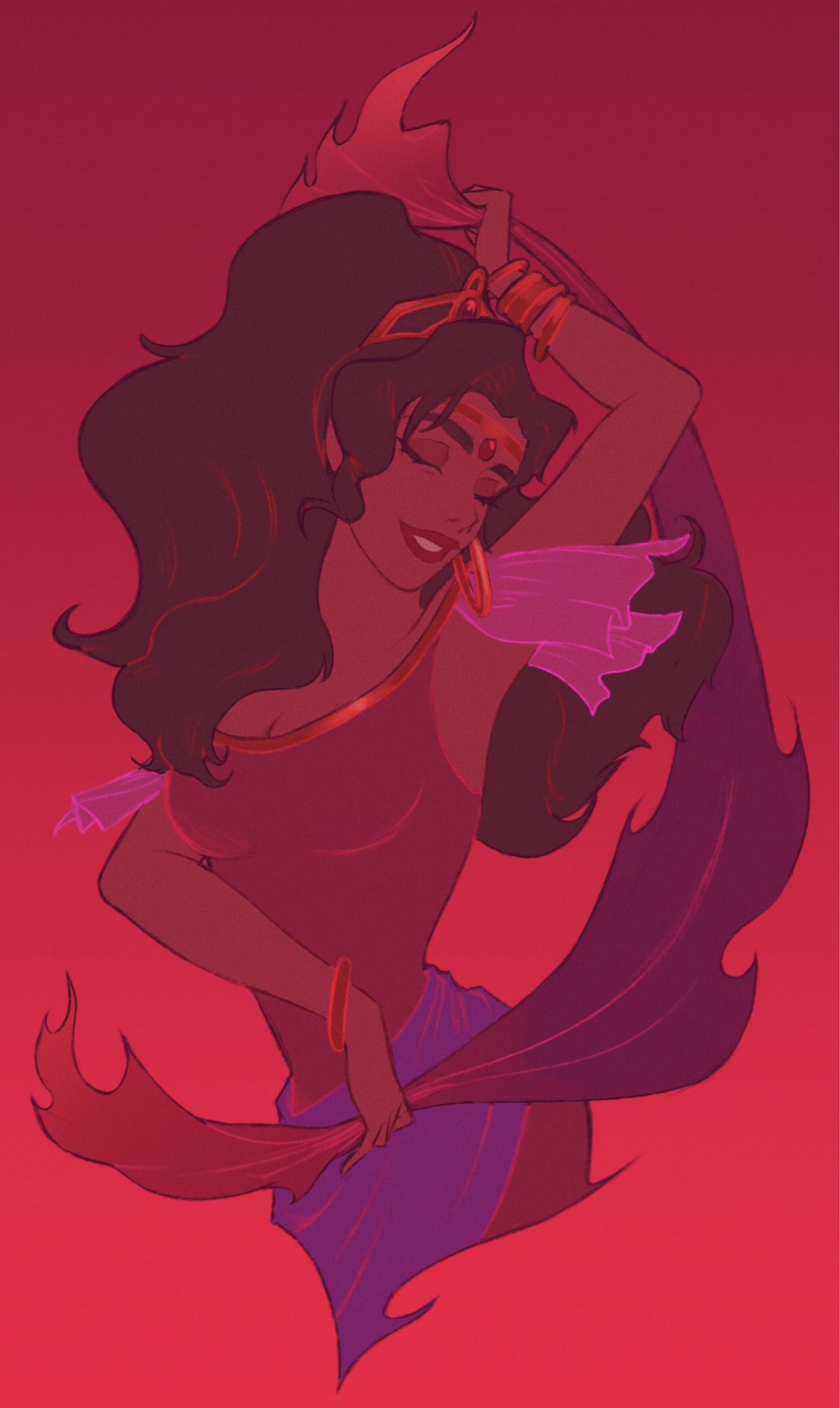 ri ri ri2, esmeralda (disney), the hunchback of notre dame (disney), highres, 1girl, arm behind head, bangle, black hair, bracelet, breasts, circlet, cleavage, closed eyes, cropped torso, dancing, dark-skinned female, dark skin, dress, earrings, eyeshadow, gem, gold earrings, gold trim, holding, holding unworn clothes, holding unworn scarf, jewelry, long hair, makeup, medium breasts, official alternate costume, parted bangs, parted lips, ponytail, red background, red dress, red gemstone, red lips, sash, scarf, single strap, solo, tan, tiara, unworn scarf, upper body, waist sash
