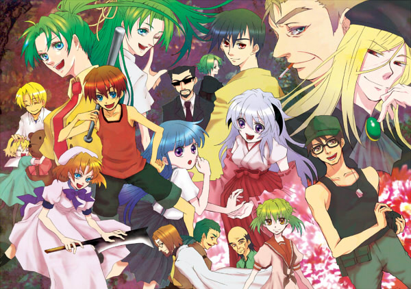 akasaka mamoru, furude rika, hanyuu, houjou satoko, houjou satoshi, irie kyousuke, kasai tatsuyoshi, kimiyoshi kiichirou, kimiyoshi natsumi, maebara keiichi, okonogi tetsurou, ooishi kuraudo, ryuuguu rena, sonozaki akane, sonozaki mion, sonozaki shion, takano miyo, tomitake jirou, 07th expansion, higurashi no naku koro ni, no naku koro ni (series), 00s, 6+boys, 6+girls, baseball bat, bear, billhook, black hair, blonde hair, blue eyes, blue hair, brown eyes, brown hair, cigarette, closed eyes, dress, everyone, glasses, green eyes, green hair, hashitsuki nata, hat, hatchet, horns, japanese clothes, long hair, multiple boys, multiple girls, nata (tool), orange hair, ponytail, purple eyes, purple hair, ribbon, school uniform, serafuku, short hair, siblings, sisters, smoking, twins