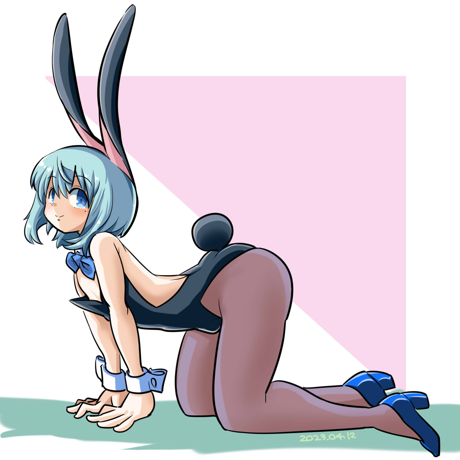 itini-sanshi, 2channel, commentary request, highres, 1boy, 2channel (/livejupiter/), aile-kun, animal ears, black leotard, blue bow, blue bowtie, blue hair, blue shoes, bow, bowtie, brown pantyhose, closed mouth, crossdressing, crossdressing (mtf), dated, fake animal ears, fake tail, full body, leotard, looking at viewer, male focus, male playboy bunny, mole, mole under eye, pantyhose, playboy bunny, rabbit ears, rabbit tail, shoes, short hair, smile, solo, strapless, strapless leotard, tail, white background, wrist cuffs