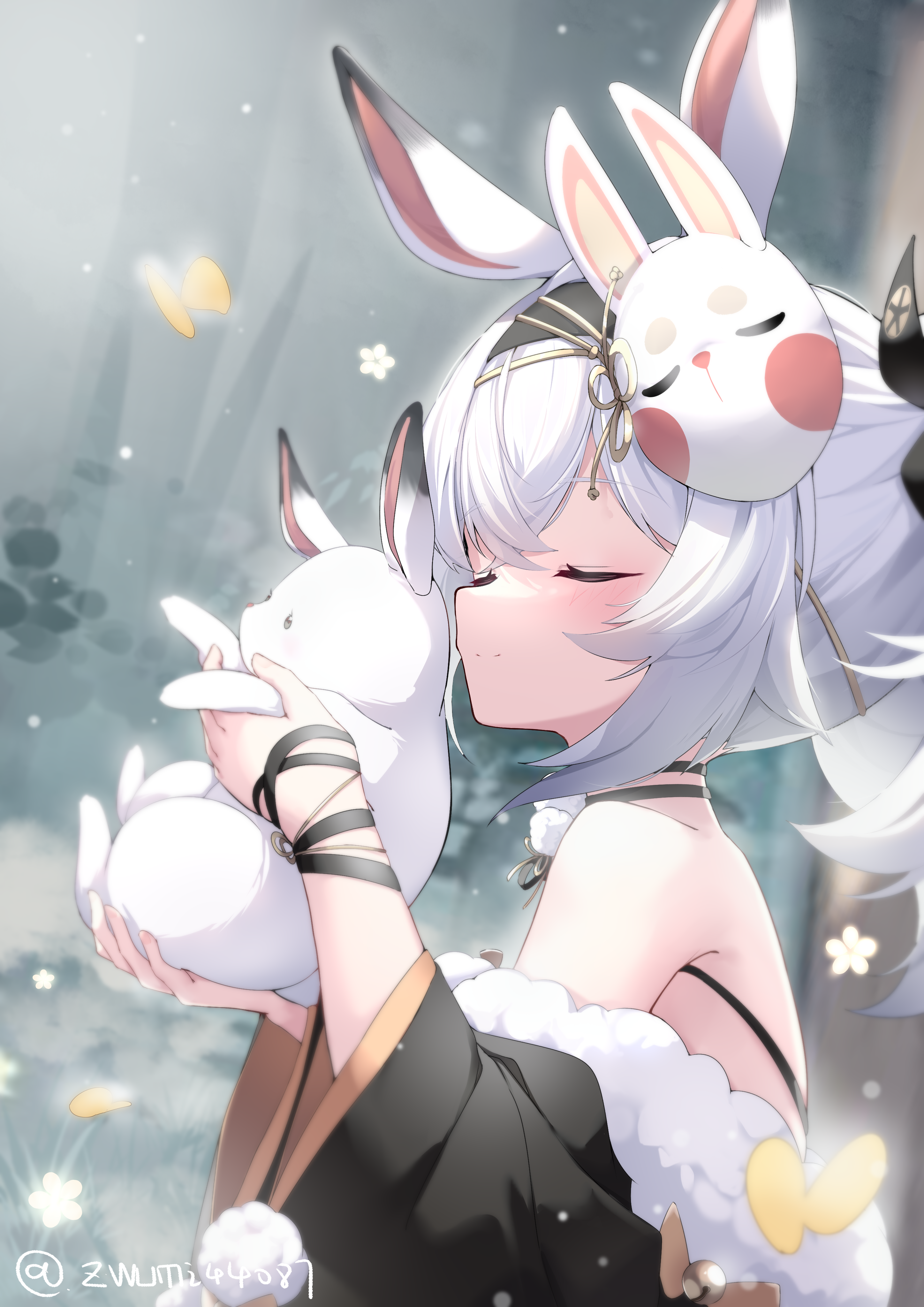 z-wumi, laffey (azur lane), laffey ii (azur lane), laffey ii (lady laffey's languid tour) (azur lane), azur lane, absurdres, chinese commentary, commentary request, highres, 1girl, animal, animal ears, artist name, backlighting, black bow, black choker, black kimono, blush, bow, bracelet, bug, butterfly, choker, closed eyes, closed mouth, crossed bangs, fake animal ears, flower, from side, fur-trimmed kimono, fur trim, grass, hair bow, hands up, holding, holding animal, insect, japanese clothes, jewelry, kimono, leaf, leaf print, lens flare, long hair, looking at viewer, looking to the side, mask, mask on head, official alternate costume, plant, pom pom (clothes), rabbit, rabbit ears, rabbit mask, rabbit ornament, red eyes, smile, solo, twintails, very long hair, white hair, white rabbit (animal), wide sleeves