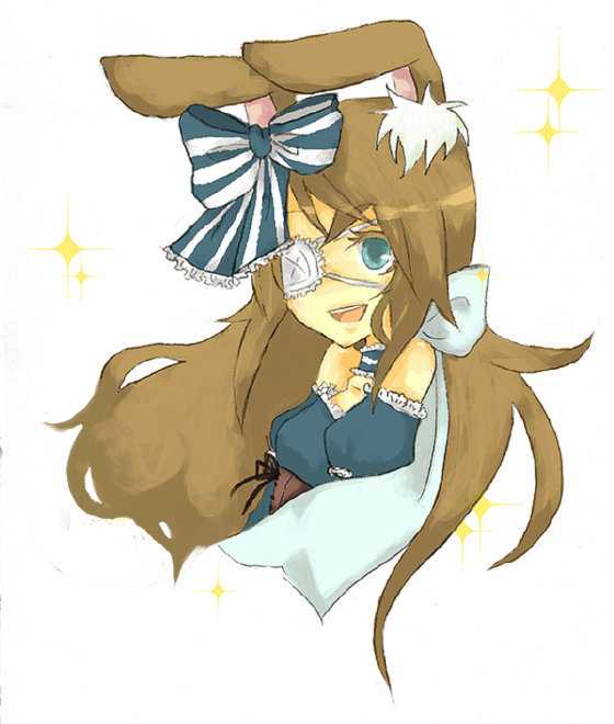 roko, bad id, bad pixiv id, animal ears, blue eyes, brown hair, eyepatch, rabbit ears, ribbon, solo
