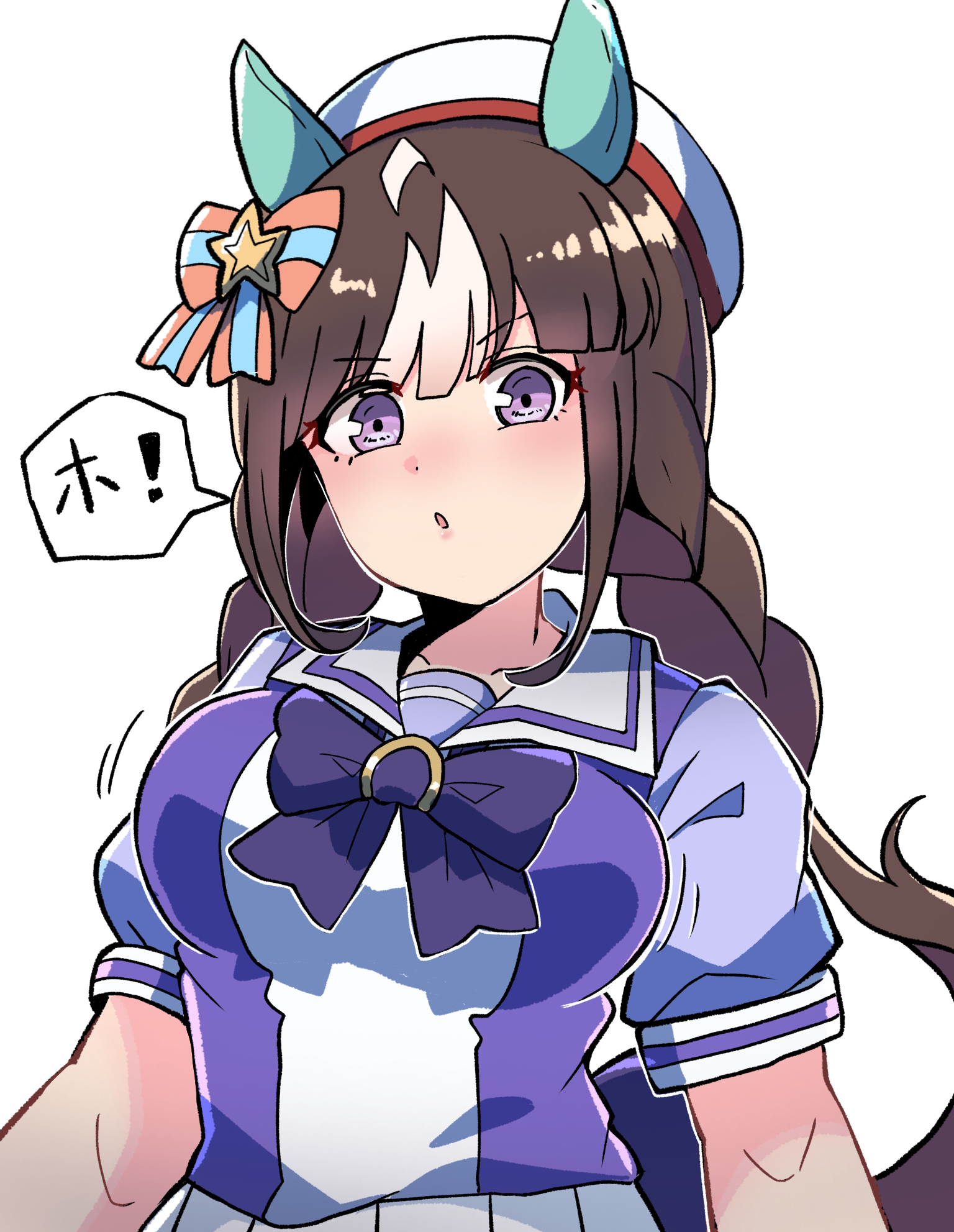 kawamochi (tddm3573), hokko tarumae (star light ship) (umamusume), hokko tarumae (umamusume), umamusume, highres, translation request, 1girl, animal ears, beret, bow, braid, breasts, brown hair, hair bow, hair ornament, hat, horse ears, horse girl, horse tail, long hair, looking at viewer, low twintails, medium breasts, motion lines, multicolored hair, parted lips, pleated skirt, puffy short sleeves, puffy sleeves, purple bow, purple eyes, purple shirt, shirt, short sleeves, simple background, skirt, solo, star (symbol), star hair ornament, striped bow, tail, twin braids, twintails, two-tone hair, upper body, v-shaped eyebrows, very long hair, white background, white hair, white hat, white skirt
