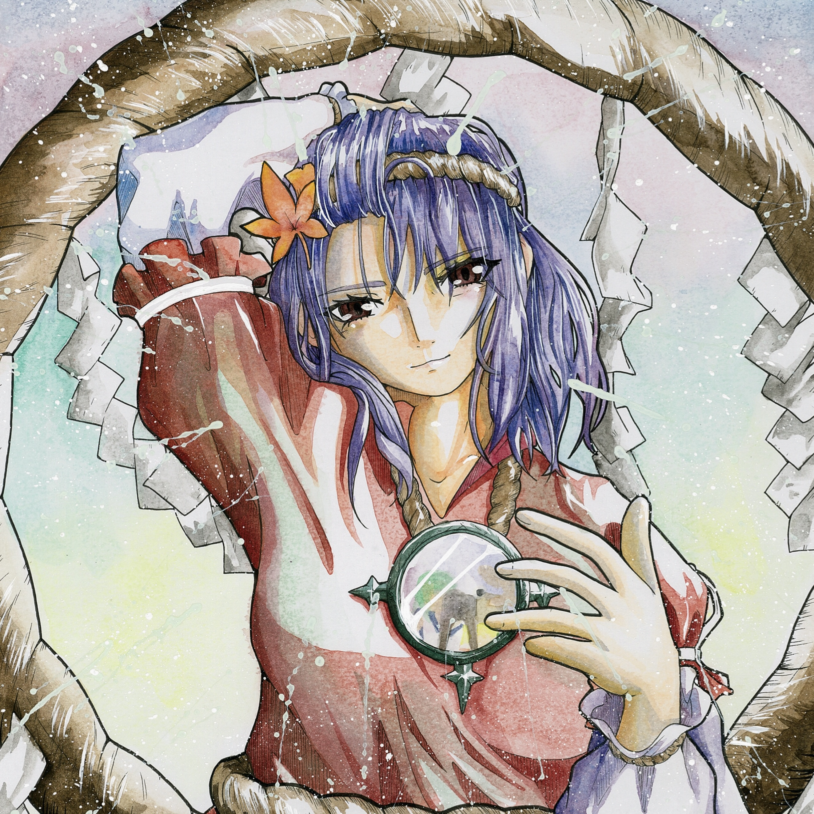kochiya sanae, moriya suwako, yasaka kanako, touhou, absurdres, commentary request, highres, traditional media, 1girl, blue hair, brown eyes, camera, colorful background, eae40, fingernails, hair ornament, hand in own hair, hand up, head tilt, leaf hair ornament, light particles, light smile, lips, long sleeves, looking at viewer, medium hair, mirror, red shirt, reflection, rope, shide, shimenawa, shirt, solo, upper body