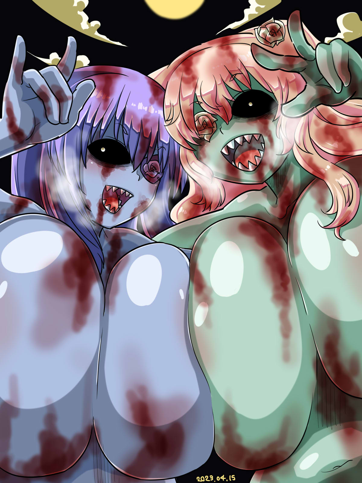 itini-sanshi, barasuishou, kirakishou, rozen maiden, commentary request, highres, 2girls, alternate breast size (larger), areola slip, black background, black sclera, blonde hair, blood, blood on breasts, blood on face, blue skin, blush, breast press, breasts, colored sclera, colored skin, completely nude, dated, flower, flower eyepatch, flower over eye, green skin, huge breasts, long hair, looking at viewer, multiple girls, navel, nude, open mouth, purple hair, rose, sharp teeth, simple background, smile, symmetrical docking, teeth, upper body, w, white flower, white rose, zombie, zombification