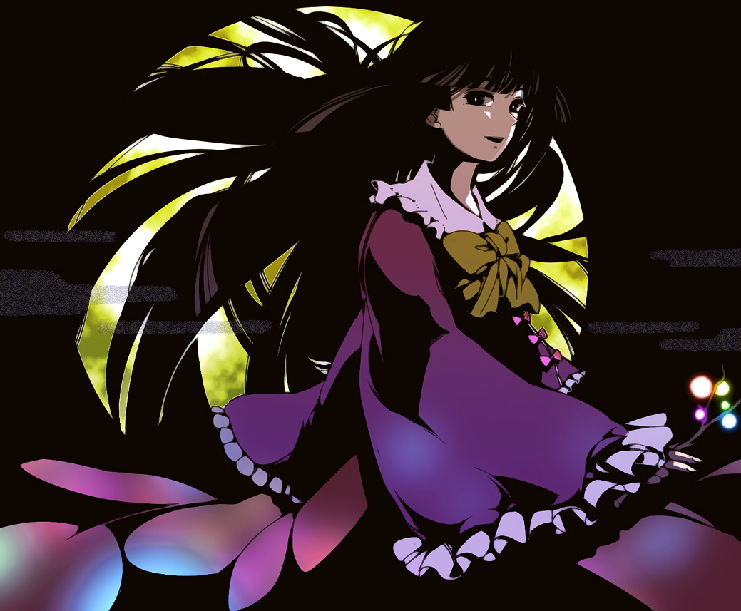 yukizen, houraisan kaguya, touhou, bad id, bad pixiv id, 1girl, black hair, bow, dress, female focus, full moon, long hair, long sleeves, moon, sleeves past wrists, solo