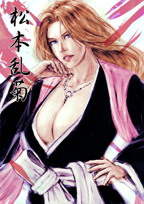 matsumoto rangiku, bleach, translation request, 00s, 1girl, blue eyes, breasts, cleavage, female focus, jewelry, large breasts, long hair, mole, mole under mouth, orange hair, solo