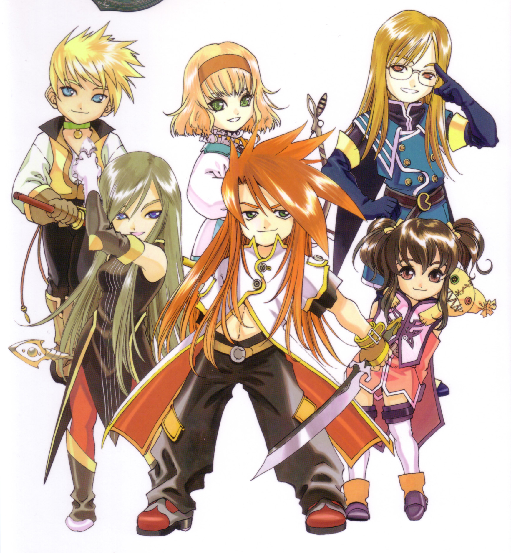 fujishima kousuke, anise tatlin, guy cecil, jade curtiss, luke fon fabre, natalia luzu kimlasca lanvaldear, tear grants, tokunaga (tales), tales of (series), tales of the abyss, highres, official art, scan, 00s, 3boys, 3girls, chibi, multiple boys, multiple girls