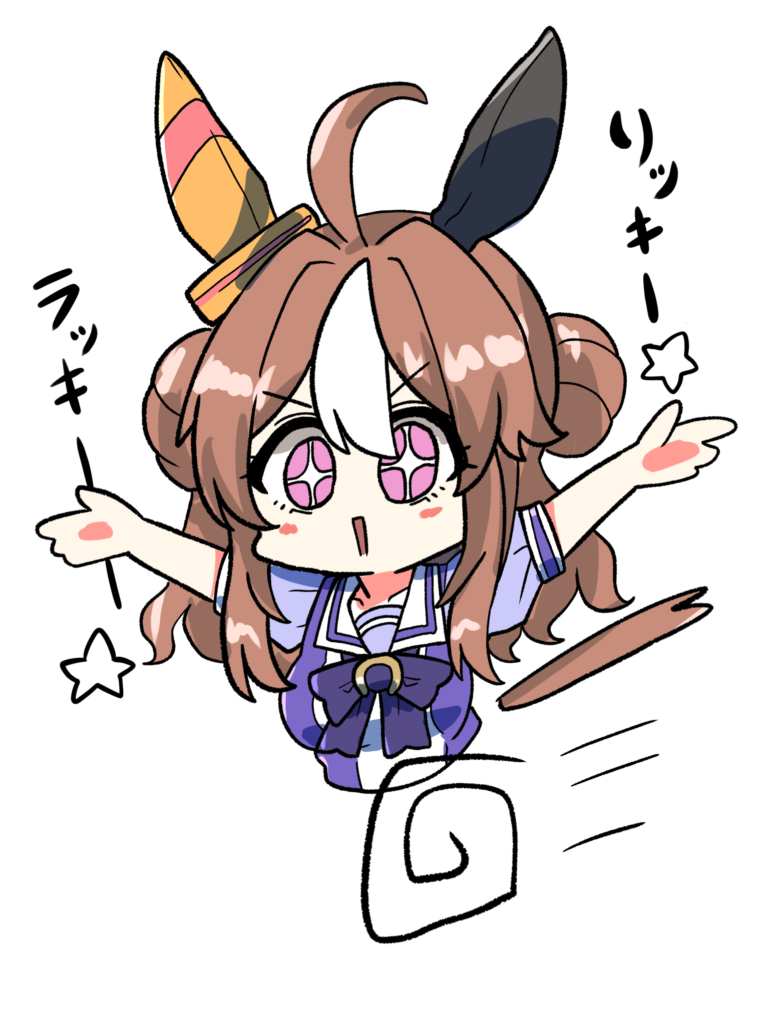 kawamochi (tddm3573), copano rickey (umamusume), umamusume, highres, translation request, + +, 1girl, ahoge, animal ears, blush stickers, bow, breasts, brown hair, chibi, double bun, full body, hair bun, horse ears, horse girl, horse tail, long hair, looking at viewer, medium breasts, motion lines, multicolored hair, parted lips, pink eyes, puffy short sleeves, puffy sleeves, purple bow, purple shirt, school uniform, shirt, short sleeves, simple background, solo, speed lines, tail, tracen school uniform, two-tone hair, very long hair, wheel o feet, white background, white hair