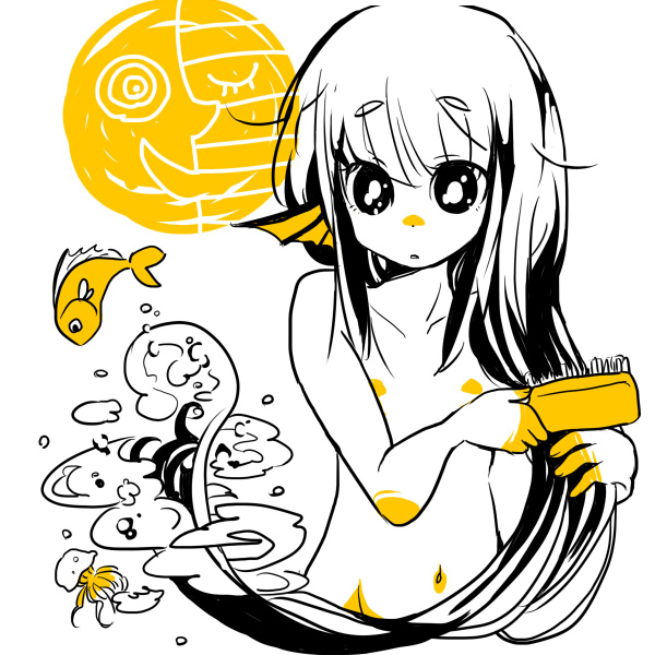 azumi (pixiv72433), tagme, fins, fish, hair brush, head fins, long hair, monochrome, nude, solo