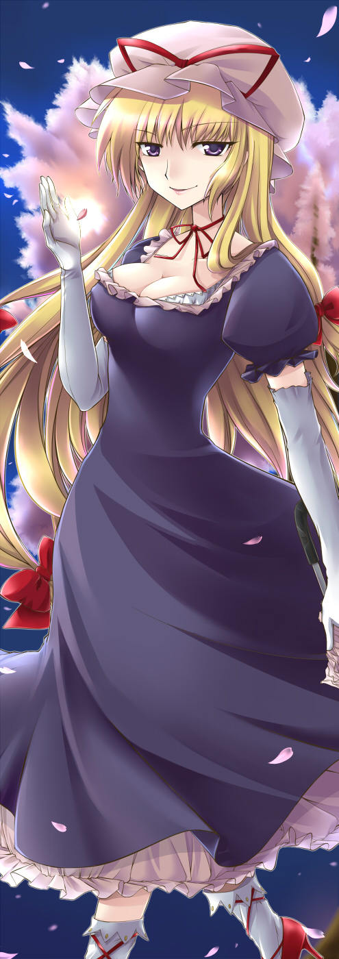 narumizg, yakumo yukari, touhou, bad id, bad pixiv id, highres, 1girl, blonde hair, breasts, cleavage, dress, elbow gloves, female focus, gloves, hat, long hair, outdoors, purple eyes, sky, solo