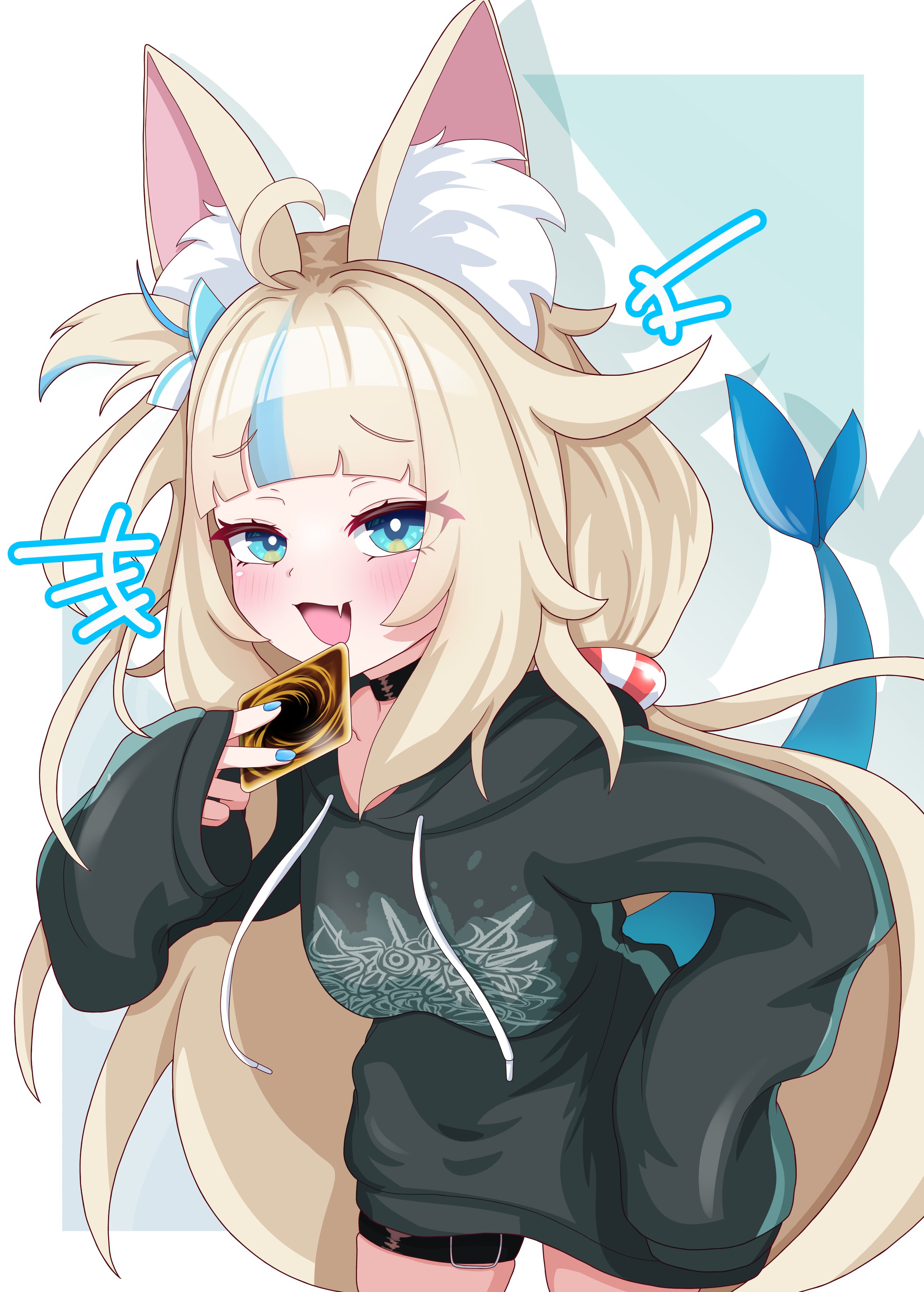 rei (2812q), sameko saba, indie virtual youtuber, yu-gi-oh!, absurdres, highres, 1girl, ahoge, animal ear fluff, animal ears, black shorts, black sweater, blonde hair, blue bow, blue eyes, blue hair, blunt bangs, bow, cat ears, fins, fish girl, fish tail, hair bow, lifebuoy hair ornament, looking at viewer, multicolored hair, one side up, open mouth, short hair, shorts, solo, streaked hair, sweater, tail, trading card, very short hair, virtual youtuber, white hair