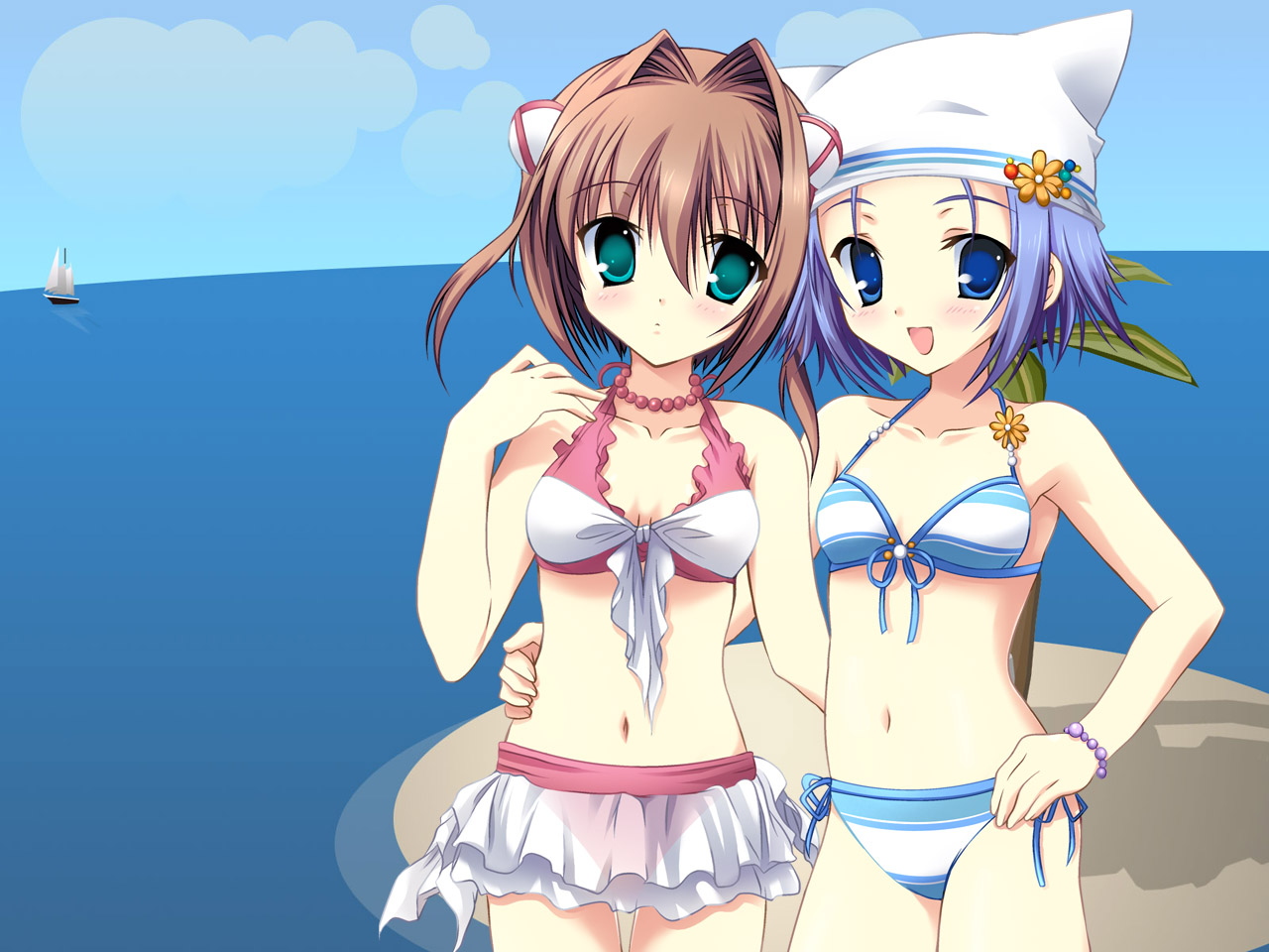 tanihara natsuki, amakase minatsu, asakura yume, da capo, da capo ii, 00s, 2girls, aqua eyes, beach, bikini, bikini skirt, blue eyes, blue hair, boat, breasts, brown hair, cleavage, day, front-tie top, hand on own hip, hat, jewelry, looking at viewer, multiple girls, navel, necklace, open mouth, outdoors, short hair, side-tie bikini bottom, small breasts, smile, striped bikini, striped clothes, swimsuit, thigh gap, watercraft