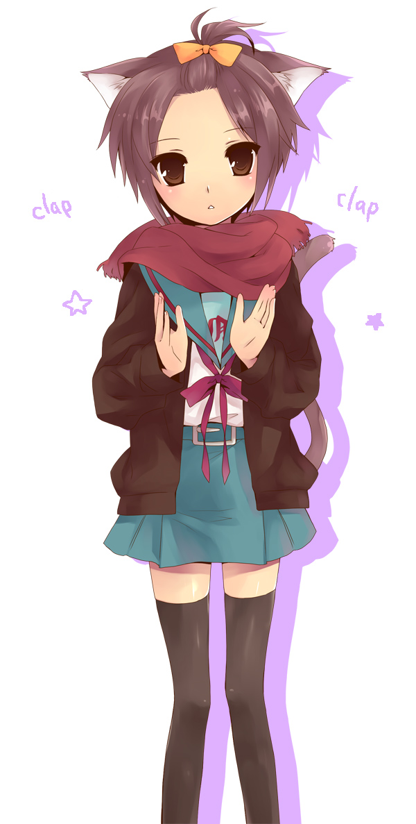 hijiki (hijikini), hijikini, nagato yuki, suzumiya haruhi no yuuutsu, bad id, bad pixiv id, 00s, 1girl, animal ears, brown eyes, cat ears, cat tail, female focus, scarf, school uniform, serafuku, short hair, solo, tail, thighhighs, zettai ryouiki