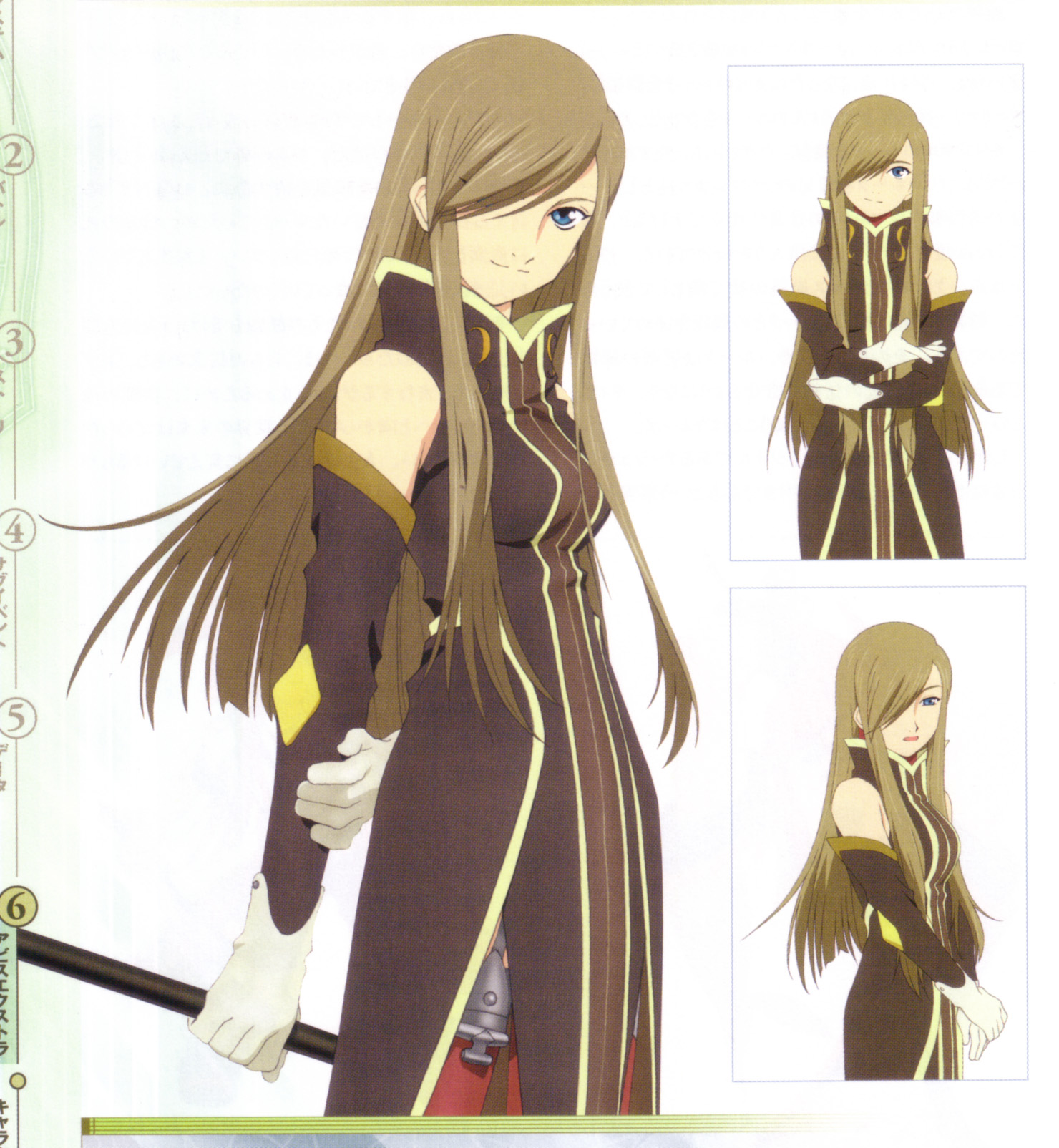 tear grants, tales of (series), tales of the abyss, highres, official art, scan, 00s, 3girls, arm behind back, hair over one eye, hand on own elbow, high collar, holding own arm, multiple girls, multiple persona, multiple views, one eye covered, standing, swept bangs, white background