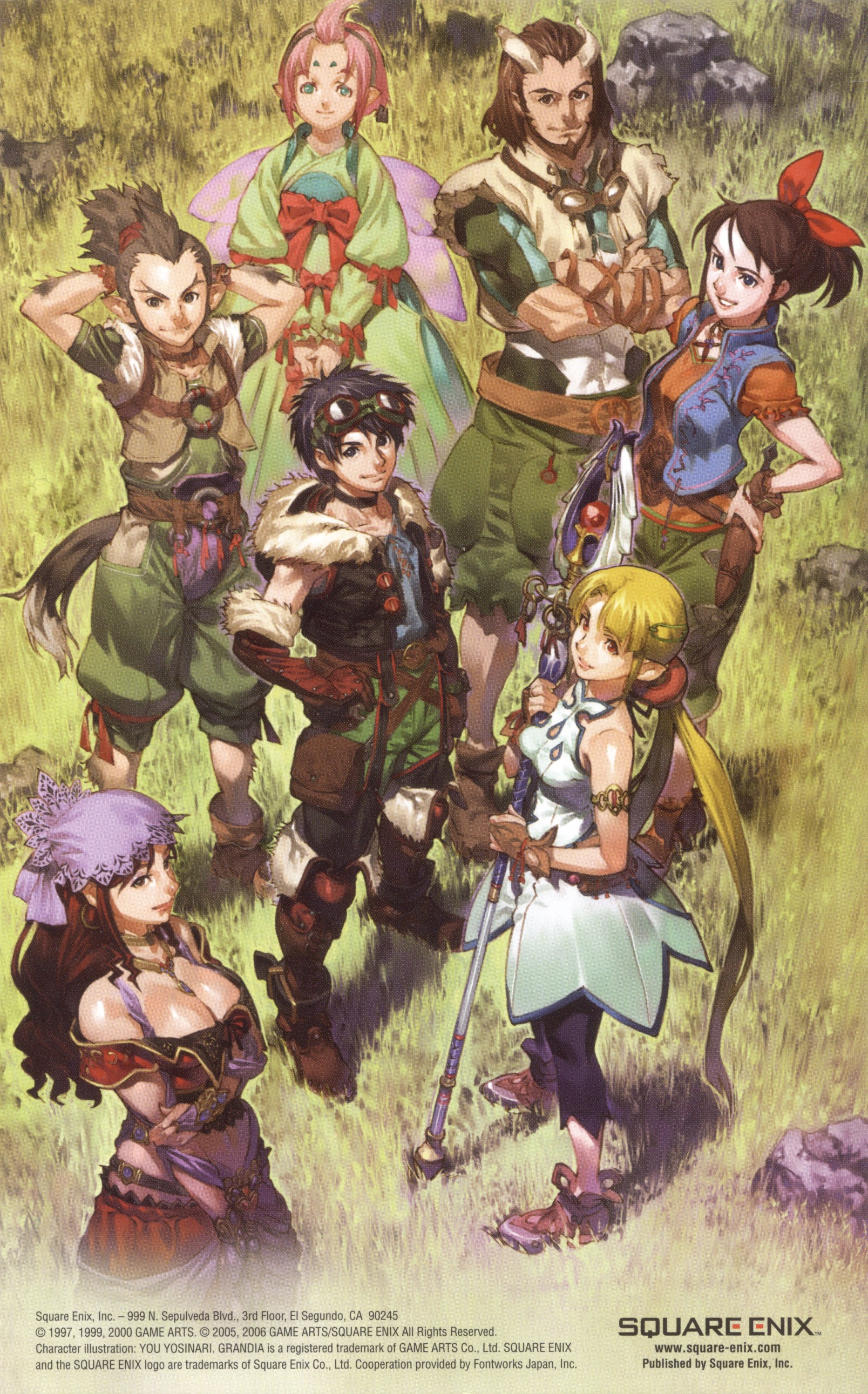 alfina, alfina (grandia), alonso, alonso (grandia), dahna, dahna (grandia), miranda (grandia), miranda (grandia iii), ulf, ulf (grandia), yuki (grandia), yuki (grandia iii), game arts, grandia, grandia iii, absurdres, highres, scan, 3boys, 4girls, multiple boys, multiple girls