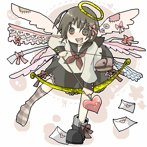 azuma seiji, higashi (azm), higashi (pixiv114341), original, striped, bad id, bad pixiv id, lowres, arrow (projectile), bow (weapon), cupid, envelope, envelopes, halo, heart, heart arrow, letter, oekaki, ribbon, school uniform, serafuku, shoes, single shoe, solo, traditional halo, weapon, wings