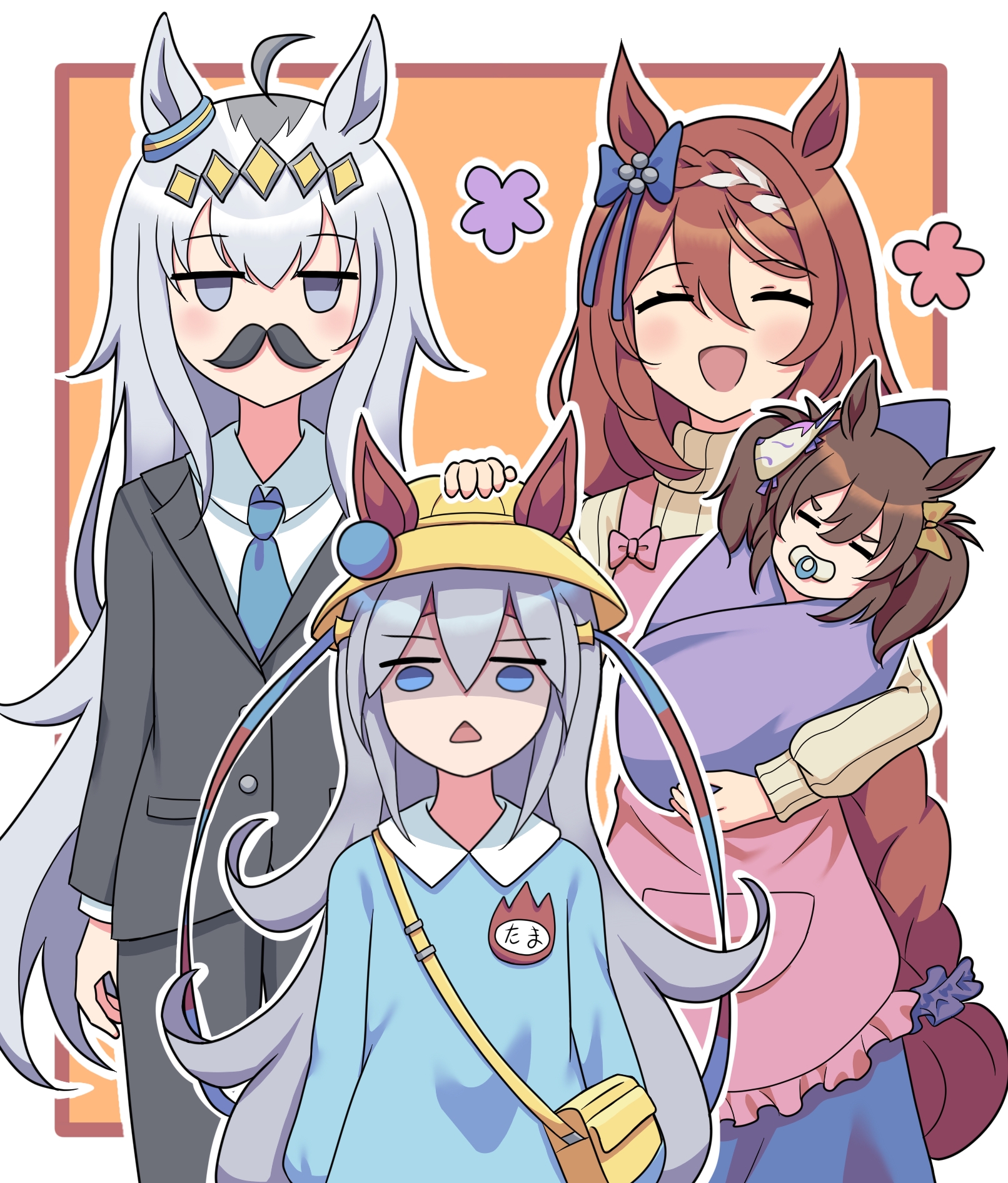 inari one (umamusume), oguri cap (umamusume), super creek (umamusume), tamamo cross (umamusume), umamusume, umamusume: cinderella gray, highres, 4girls, animal ears, bag, bow, braid, ear ribbon, facial hair, family portrait, fox mask, headdress, horse girl, kindergarten, mask, multiple girls, mustache, name tag, pacifier, school bag, school uniform, shoulder bag, user njyp2785
