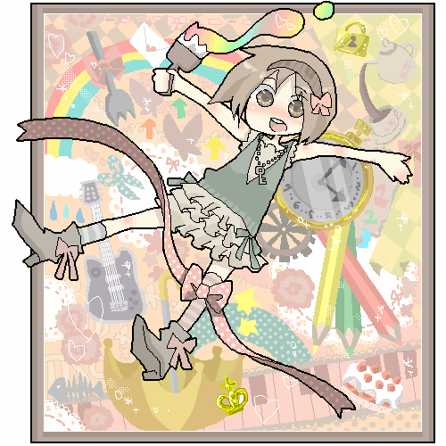 azuma seiji, higashi (azm), higashi (pixiv114341), original, striped, lowres, 1girl, ankle boots, blush, bone, boots, bow, bug, butterfly, cake, clock, colored pencil, colorful, crown, cup, female focus, fish, food, fork, fruit, gears, gold crown, guitar, hairband, high heels, insect, instrument, key, keyboard, keyboard (instrument), lace, leg ribbon, lock, oekaki, outstretched arms, paint, paintbrush, painting (action), pastry, pencil, polka dot, polka dot ribbon, rainbow, ribbon, scissors, shoes, solo, spread arms, strawberry, tea, teacup, teapot, trim brush, umbrella, wooden pencil