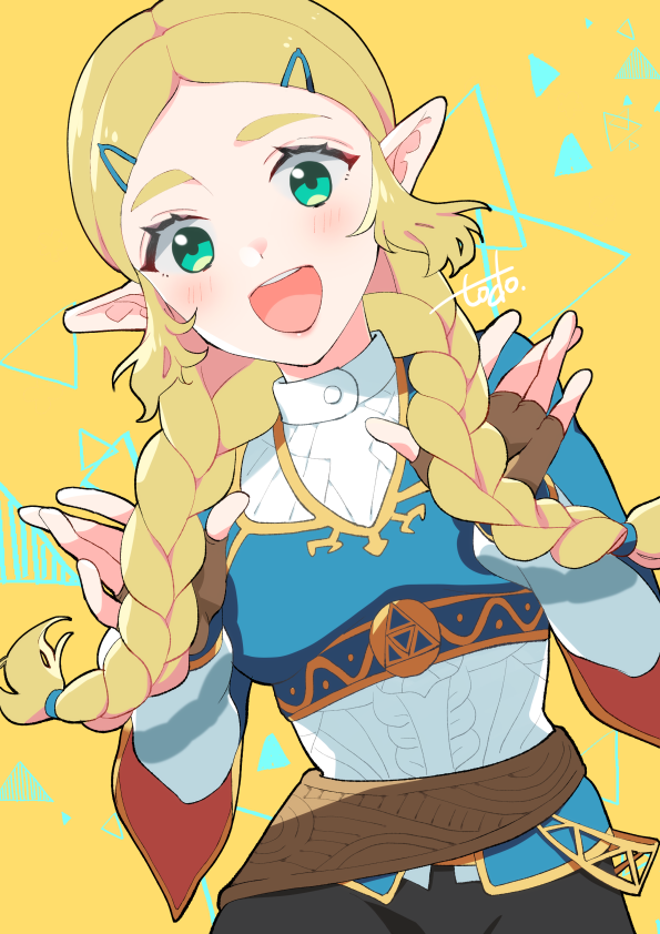 todono tumari, nintendo, the legend of zelda, the legend of zelda: breath of the wild, 1girl, alternate hairstyle, artist name, black pants, blonde hair, blue shirt, blush, braid, breasts, brown gloves, fingerless gloves, gloves, gold trim, green eyes, hair ornament, hairclip, hands in own hair, long hair, looking at viewer, medium breasts, open mouth, pants, parted bangs, pointy ears, shirt, sidelocks, smile, solo, twin braids, upper body, yellow background