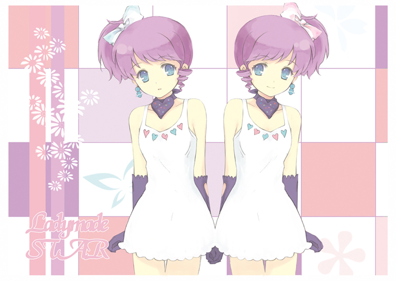 moai (aoh), seha, djmax, djmax portable, ladymade star, bad id, bad pixiv id, 2girls, blue eyes, cowboy shot, earrings, elbow gloves, gloves, jewelry, multiple girls, purple hair, ribbon, siblings, single earring, sisters, symmetry, twins