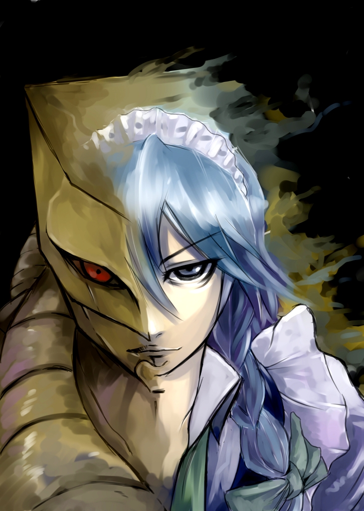 quin, izayoi sakuya, the world, jojo no kimyou na bouken, m.u.g.e.n, touhou, blue eyes, blue hair, bow, braid, crossover, hair bow, long hair, red eyes, stand (jojo)