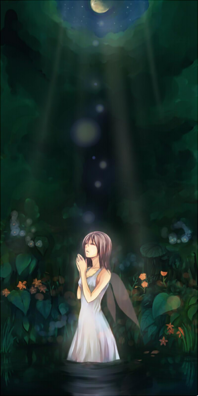 nogoro, original, bad id, bad pixiv id, cloud, fairy, flower, moon, night, solo, wings