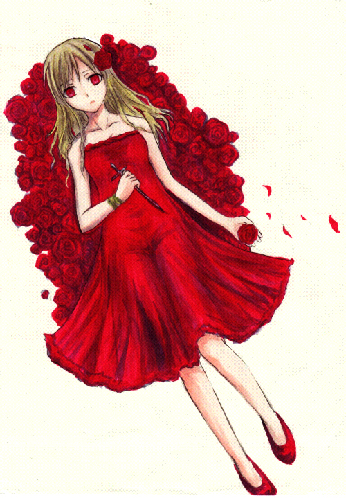 nogoro, original, bad id, bad pixiv id, 1girl, blonde hair, dress, female focus, flower, red dress, red eyes, red shoes, red theme, rose, shoes, solo