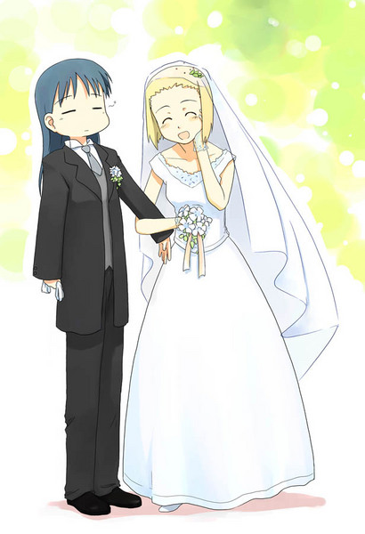 mutou youshun, kajiwara sora, torikai hazuki, sketchbook full colors, arm grab, 00s, 2girls, bad anatomy, bad proportions, bride, dress, formal clothes, holding another's arm, multiple girls, pant suit, pants, poorly drawn, suit, wedding, wedding dress, wife and wife, yuri