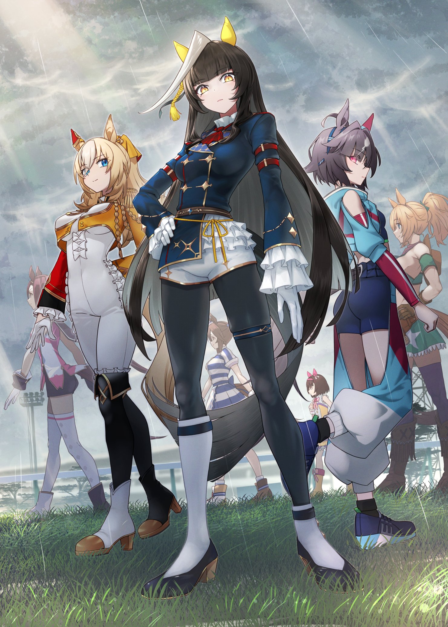 nabe puyo, believe (purity) (umamusume), believe (umamusume), calstone light o (one true path) (umamusume), calstone light o (umamusume), durandal (chevalier fidele) (umamusume), durandal (umamusume), hishi akebono (buono alla moda) (umamusume), hishi akebono (umamusume), nishino flower (tiered petal) (umamusume), nishino flower (umamusume), sakura bakushin o (blossom in learning) (umamusume), sakura bakushin o (umamusume), taiki shuttle (umamusume), taiki shuttle (wild frontier) (umamusume), umamusume, commentary request, highres, 6+girls, animal ears, ascot, ass, asymmetrical footwear, asymmetrical gloves, asymmetrical jacket, asymmetrical legwear, bare shoulders, black hair, black pantyhose, blonde hair, blue jacket, blue shirt, blue shorts, bodysuit, breasts, brown hair, closed mouth, clothing cutout, cloud, cloudy sky, crop top, cropped jacket, dress, ear covers, frilled bodysuit, full body, gloves, gold trim, grass, green gloves, green skirt, grey sky, hand on own hip, horse ears, horse girl, horse tail, jacket, light rays, long hair, looking at viewer, medium breasts, midriff, mismatched footwear, mismatched gloves, mismatched legwear, multiple girls, open clothes, open jacket, outdoors, pantyhose, pantyhose under shorts, pink eyes, ponytail, red ascot, shirt, short hair, short shorts, shorts, shoulder cutout, single ear cover, skirt, sky, small breasts, smile, standing, striped clothes, striped dress, striped hair, tail, thighhighs, thighs, white bodysuit, white gloves, white shorts, white streaks, white thighhighs