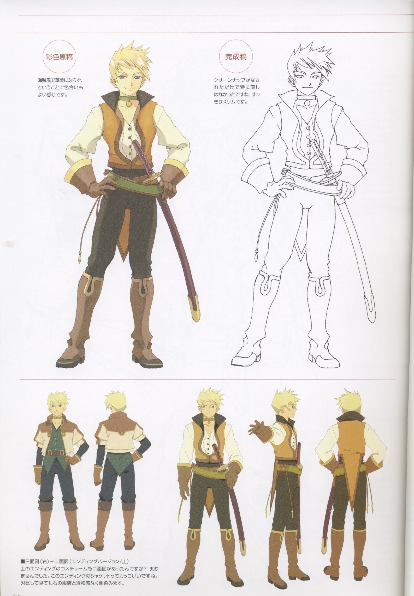 guy cecil, tales of (series), tales of the abyss, highres, official art, scan, 00s, 1boy, boots, gradient background, knee boots, male focus, official alternate costume, partially colored, reference sheet, solo, white background