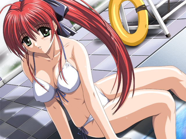 chiba chinatsu, yamagami ikue, love love teatime, game cg, 1girl, bikini, breasts, cleavage, covered erect nipples, female focus, green eyes, large breasts, long hair, ponytail, pool, red hair, side-tie bikini bottom, sitting, solo, swimsuit
