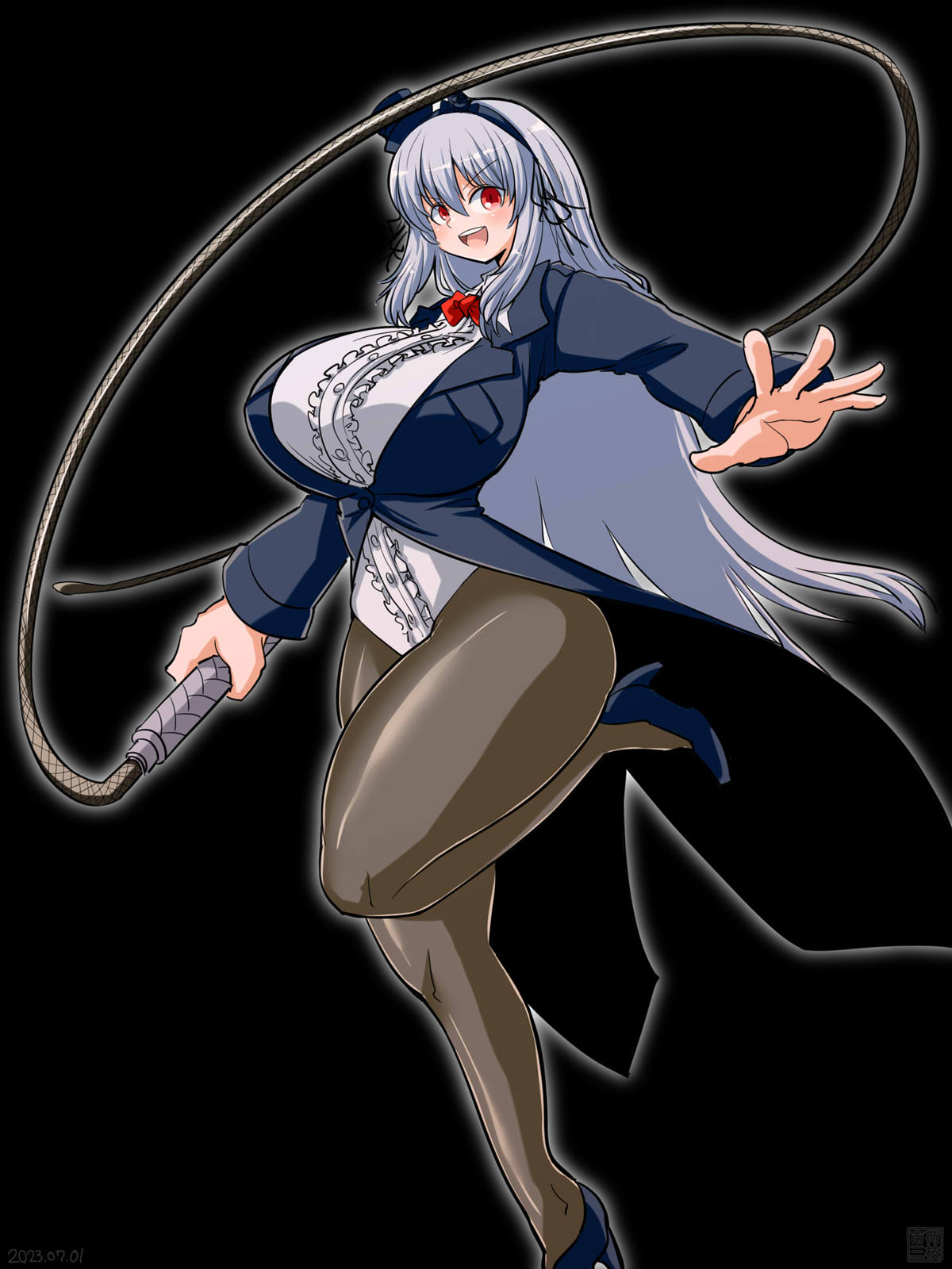 itini-sanshi, suigintou, rozen maiden, commentary request, highres, 1girl, alternate breast size (larger), alternate costume, animal tamer, black background, black hairband, black jacket, black ribbon, black shoes, blazer, blush, bow, bowtie, breasts, center frills, dated, frills, full body, grey hair, grey pantyhose, hair ribbon, hairband, high heels, holding, holding whip, huge breasts, jacket, leotard, long hair, looking at viewer, open mouth, pantyhose, red bow, red bowtie, red eyes, ribbon, shoes, simple background, smile, solo, standing, standing on one leg, white leotard