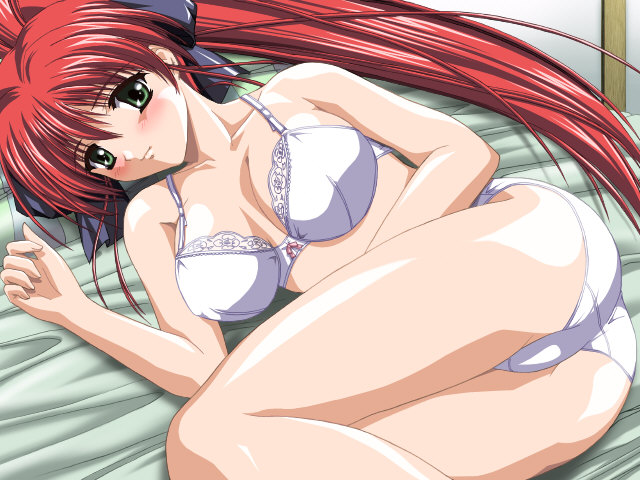 chiba chinatsu, yamagami ikue, love love teatime, game cg, 1girl, bed, blush, bra, female focus, green eyes, lingerie, long hair, lying, panties, red hair, side ponytail, solo, underwear, underwear only