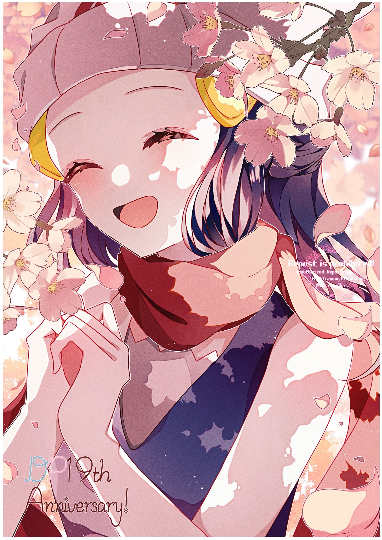 to camellia, dawn (pokemon), nintendo, pokemon, pokemon dppt, highres, 1girl, beanie, black hair, blue hair, blush, cherry blossoms, closed eyes, facing viewer, hair ornament, hairclip, hat, long hair, looking at viewer, open mouth, petals, red scarf, scarf, shirt, sleeveless, smile, solo, tree, upper body, white hat