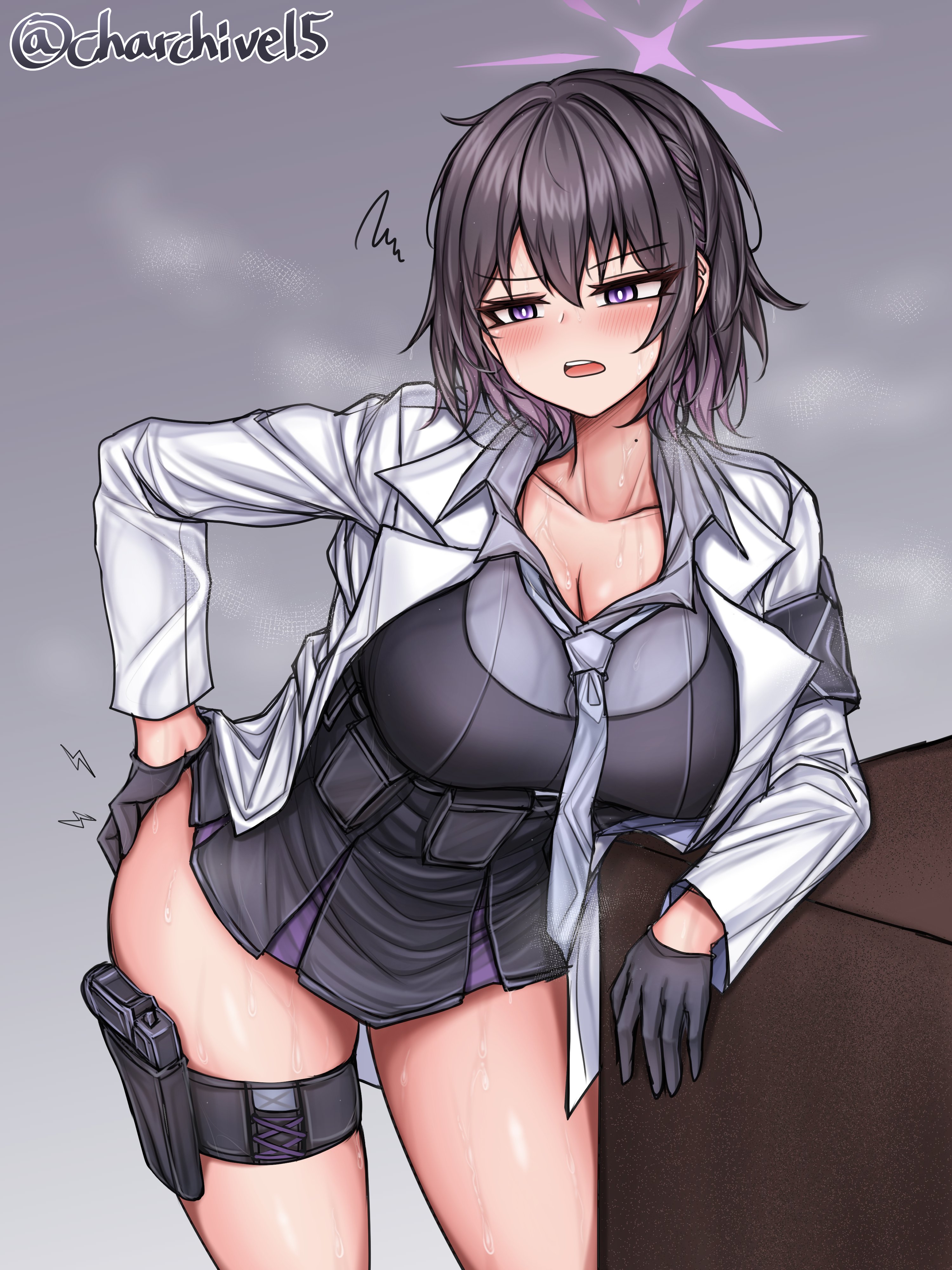 ch (charchive15), subaru (blue archive), blue archive, absurdres, highres, 1girl, armband, ass, black hair, breasts, coat, dress over shirt, gloves, grabbing own ass, grey armband, grey gloves, grey necktie, grey shirt, gun, halo, hand on own ass, handgun, holster, necktie, purple eyes, purple halo, shirt, short braid, short hair, solo, sweat, thigh holster, weapon, white coat
