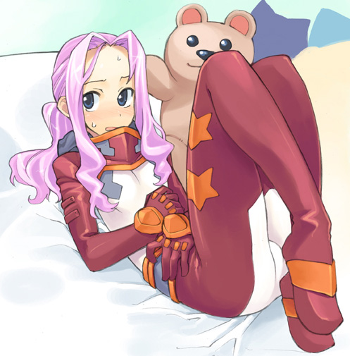 shigehiro (hiroi heya), darry adai, tengen toppa gurren lagann, 00s, 1girl, bed, bodysuit, female focus, open mouth, solo, stuffed animal, stuffed toy, sweat, sweatdrop, teddy bear