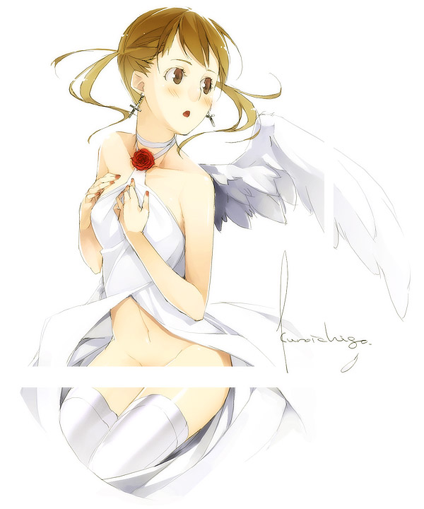 kyo (kuroichigo), fukuzawa yumi, maria-sama ga miteru, 00s, brown eyes, brown hair, cross, earrings, jewelry, no panties, solo, thighhighs, twintails, wings