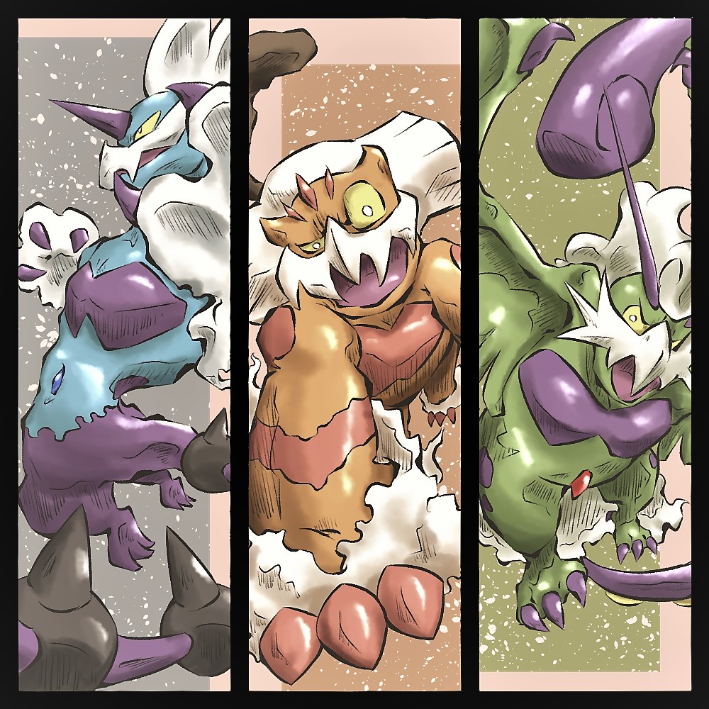 ken hollow, landorus, landorus (therian), thundurus, thundurus (therian), tornadus, tornadus (therian), nintendo, pokemon, commentary request, black border, border, claws, colored sclera, gen 5 pokemon, horns, legendary pokemon, no humans, open mouth, pokemon (creature), pokemon focus, white eyes, yellow sclera