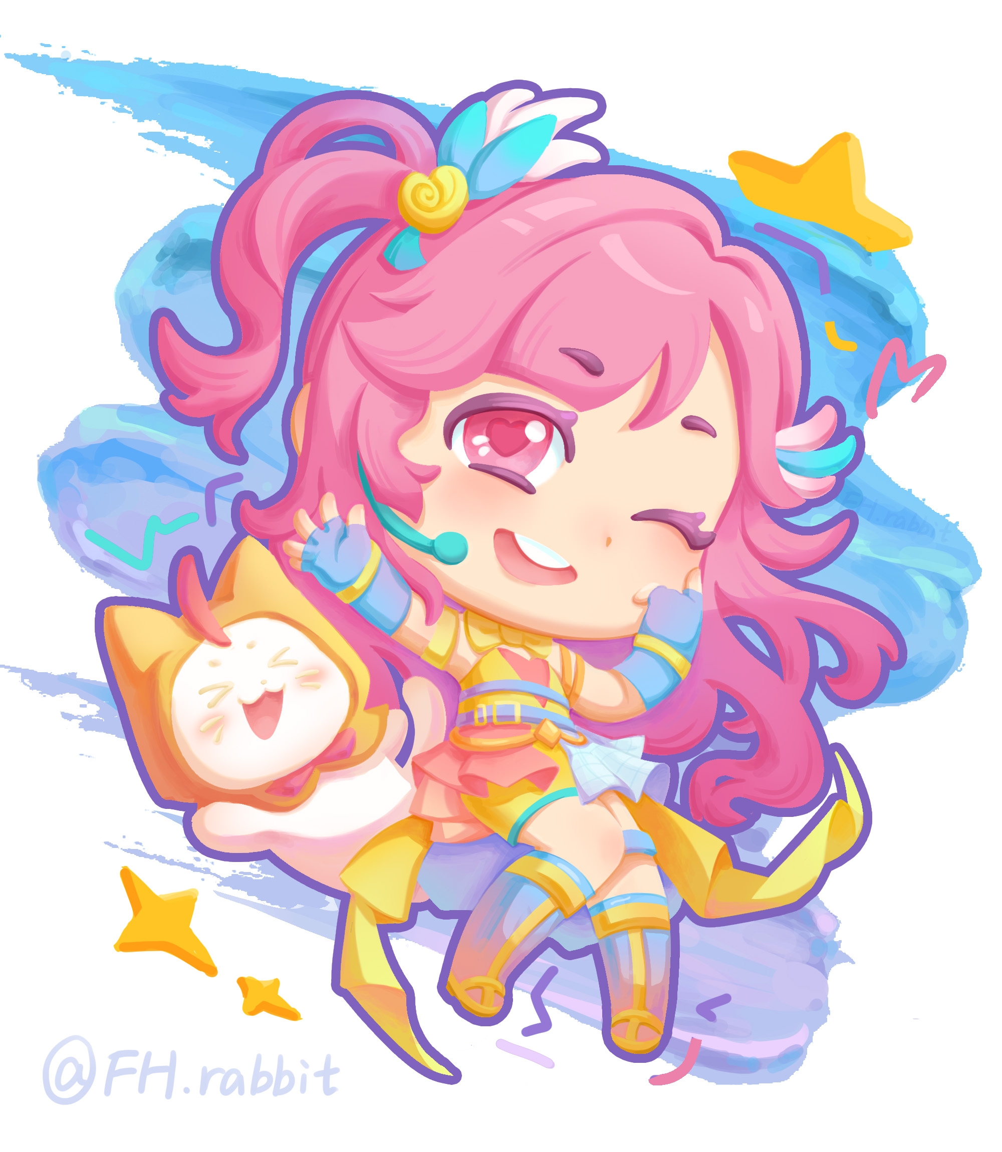 momo (nikki), nikki (nikki), infinity nikki, nikki (series), chinese commentary, commentary request, highres, > <, 1girl, ahoge, animal, arm ribbon, armlet, artist name, belt, belt buckle, blue belt, blue boots, blue gloves, blue ribbon, boots, bow, bowtie, bracelet, buckle, cat, chibi, cloak, clothed animal, coattails, colored eyelashes, dot nose, dress, ear covers, feather hair ornament, feathers, fenghuo dian luzi, fingerless gloves, flower, frilled dress, frills, gloves, hair flower, hair ornament, hair ribbon, hand on own cheek, hand on own face, happy, headset, heart, heart-shaped pupils, hood, hood up, hooded cloak, jewelry, knee boots, knees, leg belt, light blush, long hair, multiple belts, official alternate color, one eye closed, one side up, open mouth, outstretched arm, pink eyes, pink hair, red bow, red bowtie, ribbon, rose, short dress, smile, sparkle, star (symbol), starry nocturne (infinity nikki), strapless, strapless dress, symbol-shaped pupils, tareme, teeth, traditional bowtie, upper teeth only, very long hair, wavy hair, white background, white cat, wing hair ornament, yellow bow, yellow bowtie, yellow cloak, yellow dress, yellow flower, yellow ribbon, yellow rose