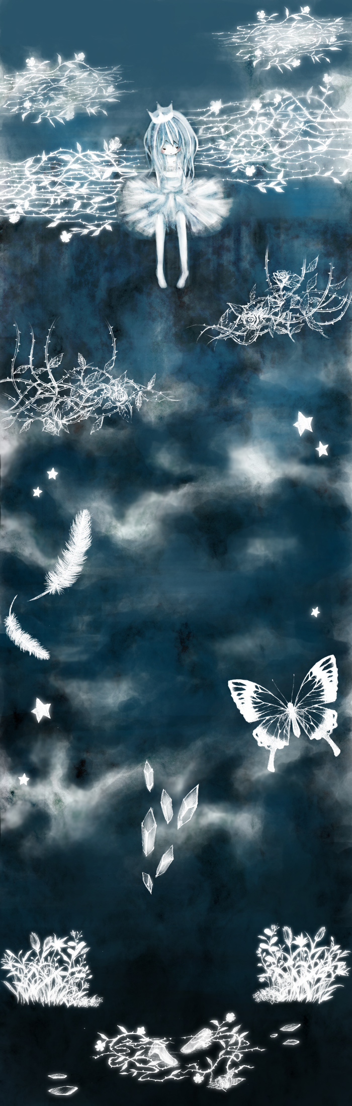 jecy, original, highres, long image, tall image, bug, butterfly, crown, feathers, flower, insect, solo, star (symbol)