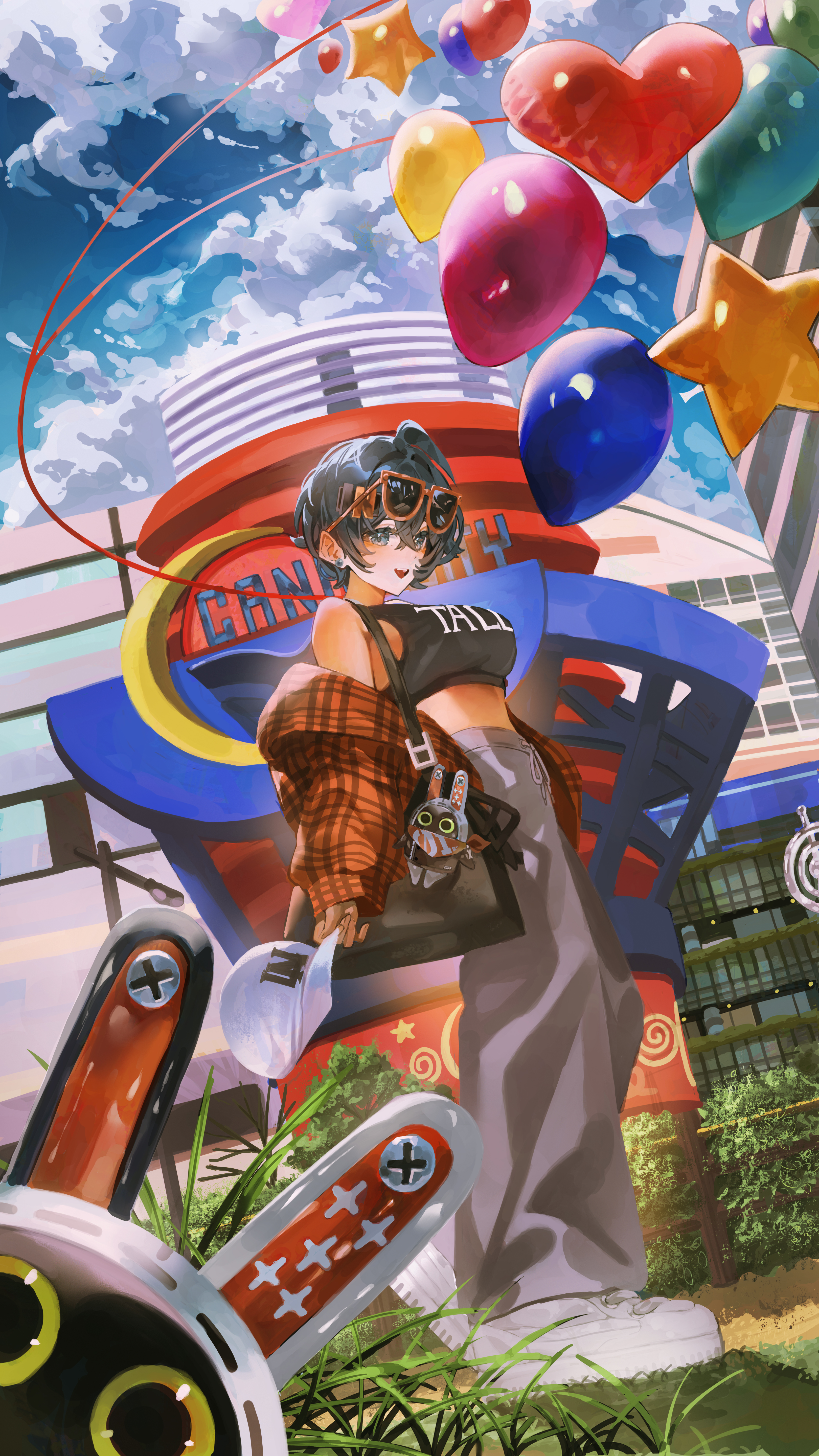 indol, belle (zenless zone zero), eous (zenless zone zero), zenless zone zero, absurdres, highres, 1girl, alternate costume, balloon, baseball cap, black shirt, blue sky, casual, cloud, cloudy sky, crop top, day, eyewear on head, grass, grey eyes, grey hair, grey pants, hat, heart balloon, holding, holding unworn clothes, holding unworn hat, jacket, long sleeves, off shoulder, open clothes, open jacket, open mouth, orange-framed eyewear, orange jacket, outdoors, pants, plaid clothes, plaid jacket, robot, shirt, shoes, short hair, sky, smile, sneakers, sunglasses, sweatpants, unworn hat, unworn headwear, walking, white hat, white shoes