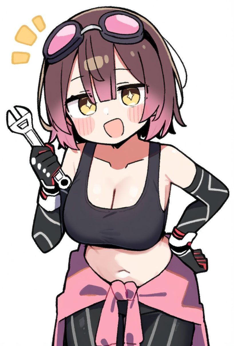 akazaki haruto, roboco-san, hololive, highres, 1girl, android, breasts, brown hair, cleavage, goggles, goggles on head, gradient hair, hair between eyes, large breasts, looking at viewer, mechanical arms, mechanical hands, mechanical legs, multicolored hair, short hair, smile, solo, sports bra, virtual youtuber, yellow eyes